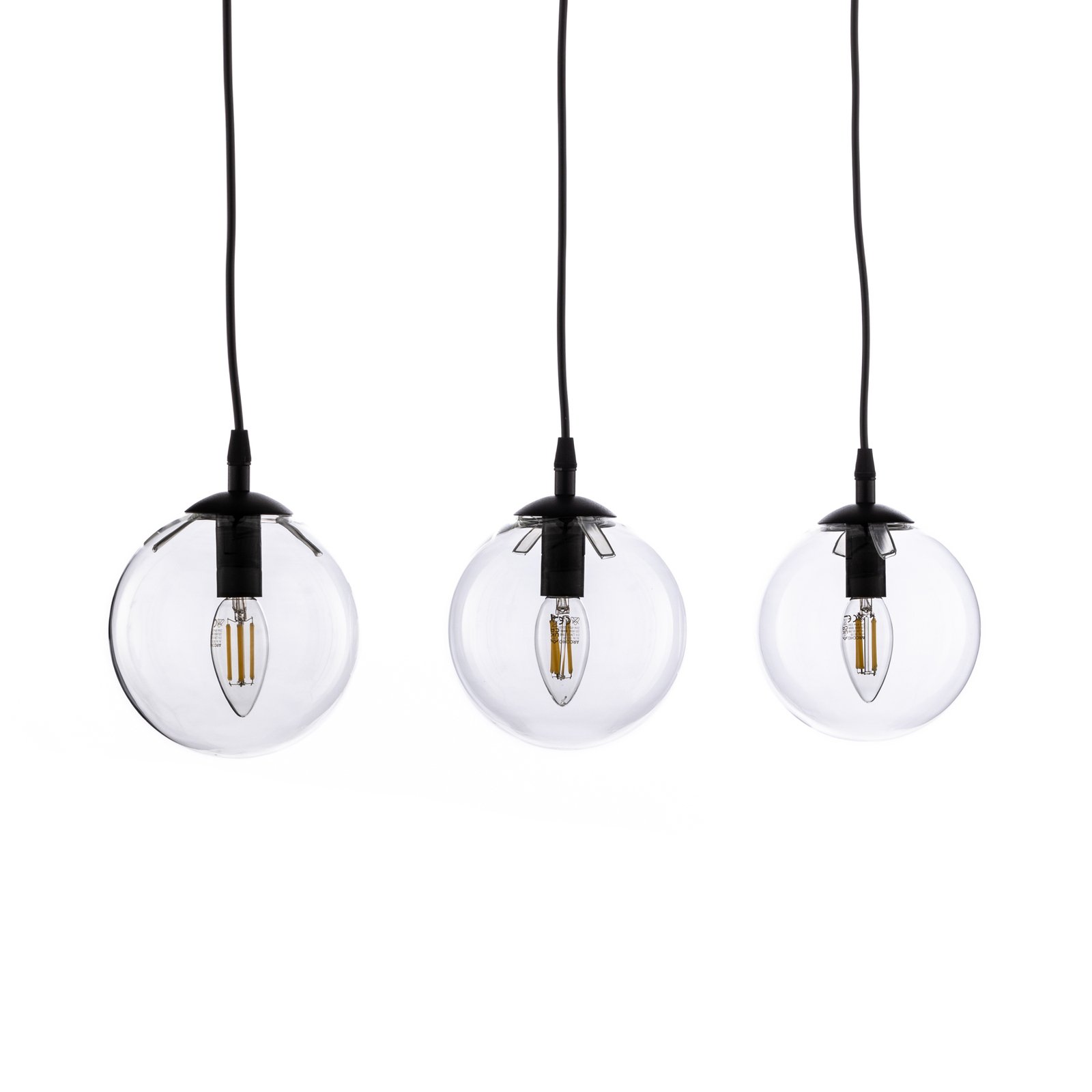 Glassy pendant light, 3-bulb, straight, black, clear, glass