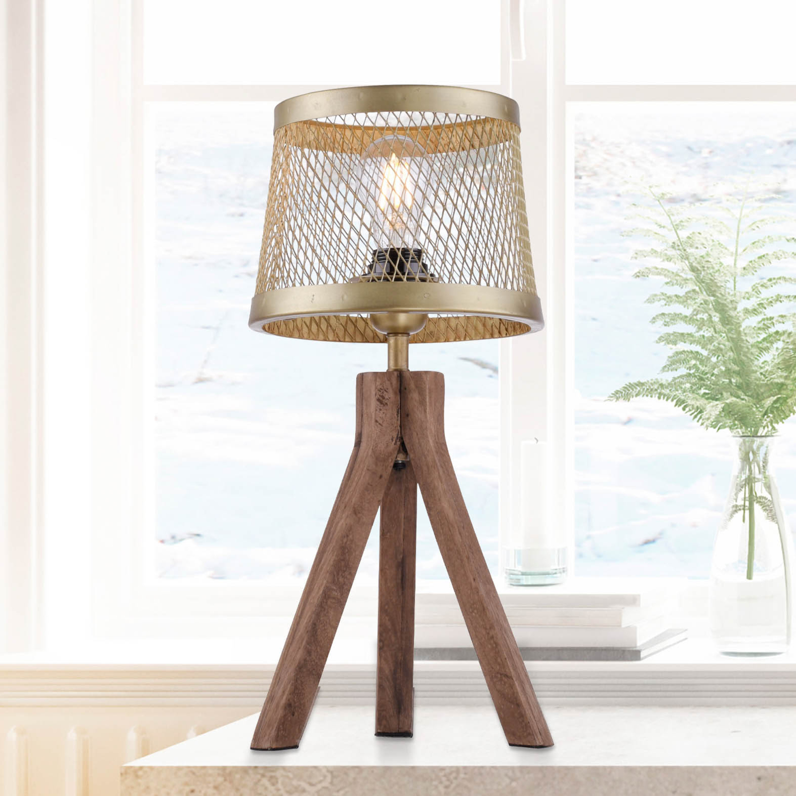 Frederik table lamp made of wood, tripod