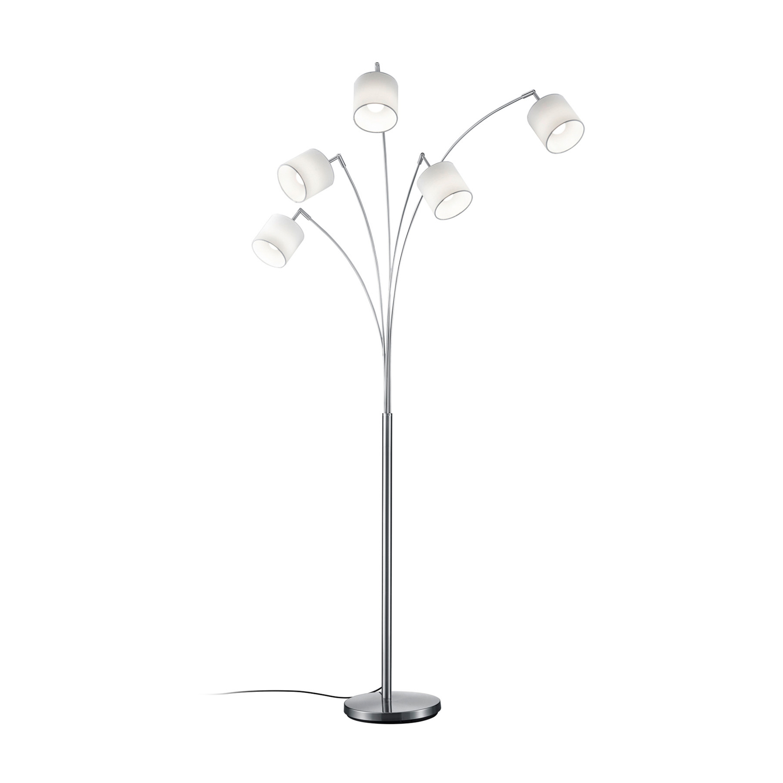 Tommy floor lamp, nickel/white, height 200 cm, 5-bulb, fabric