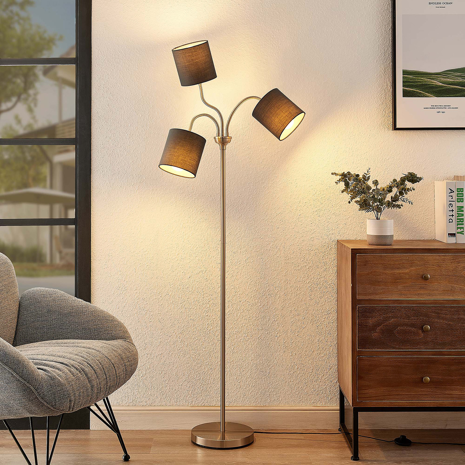 Lindby Manu floor lamp, textile, three-bulb, grey