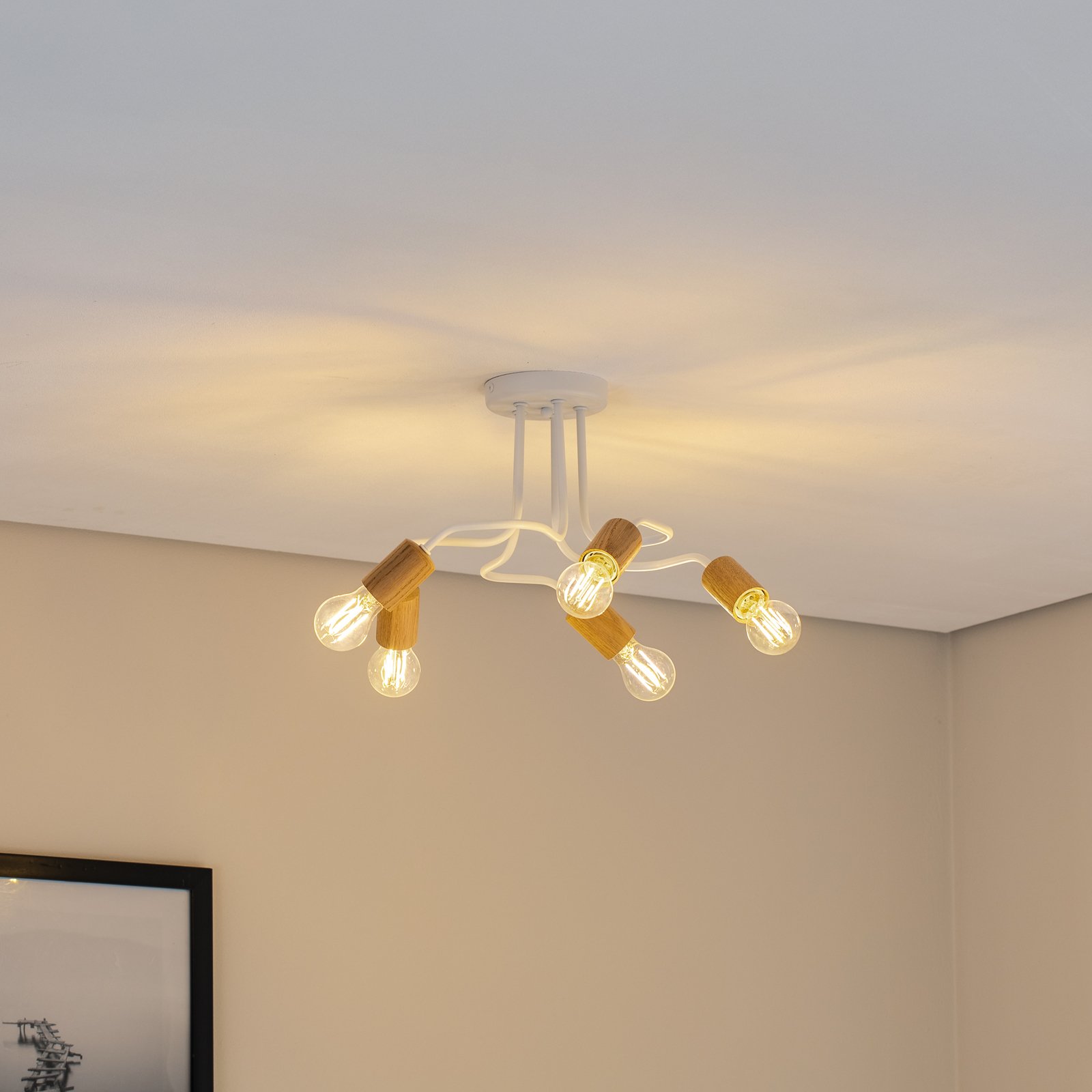 Envostar Joiy plafondlamp 5-lamps verdeeld wit/hout