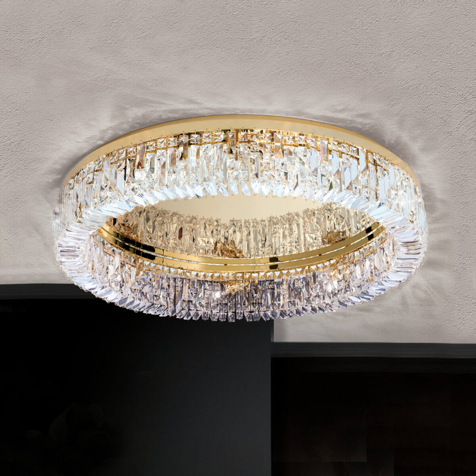 Ring crystal ceiling lamp - 24 carat gold-plated