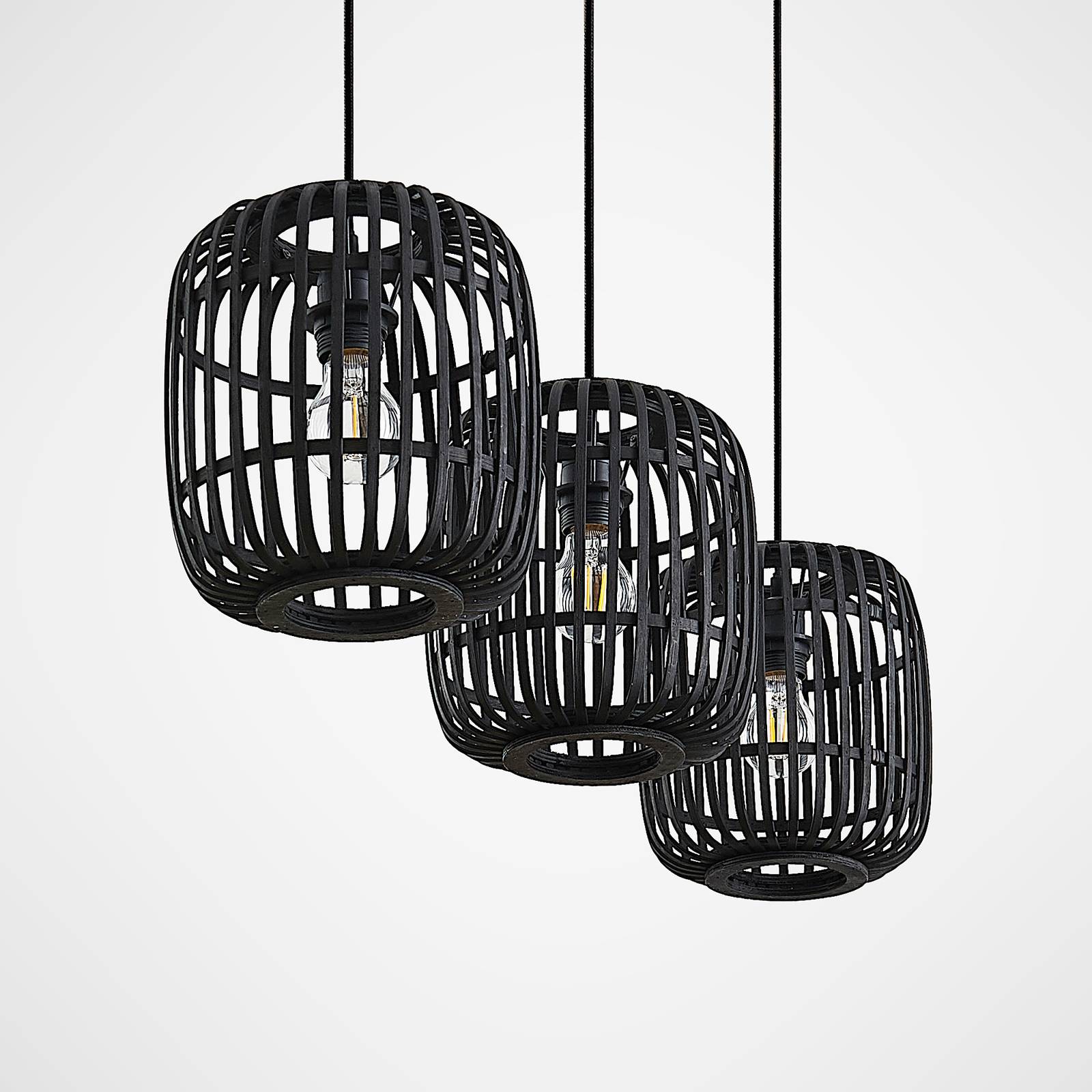 Lampa wisząca Lindby Canyana, czarna, 3-punktowa, rattan, 105 cm