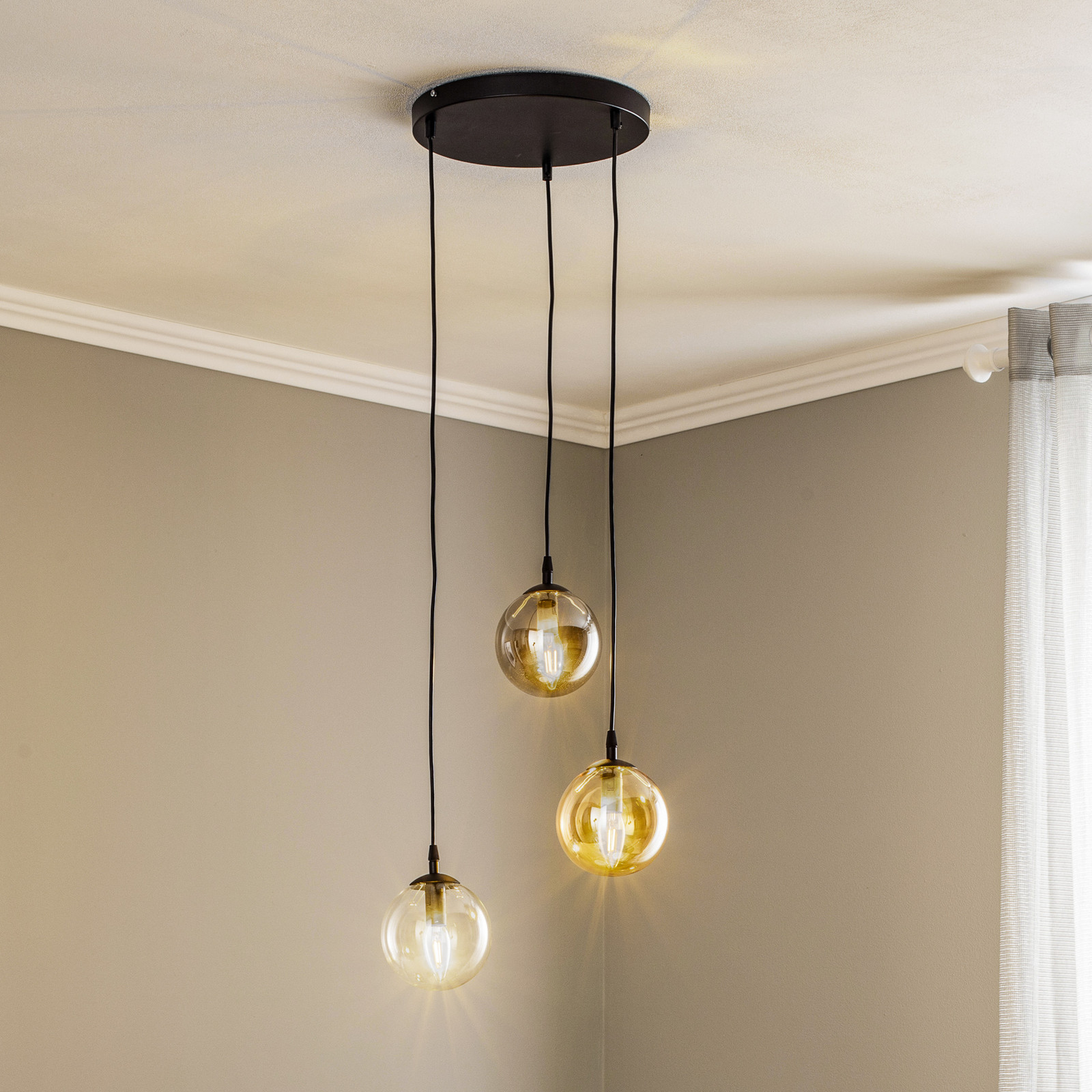 EMIBIG LIGHTING Lampă suspendată Glassy 3 becuri rotundă grafit/chihlimbar/transparent - Camera de zi / sufragerie - Modern - negru grafit chihlimbar transparent - Sticlă