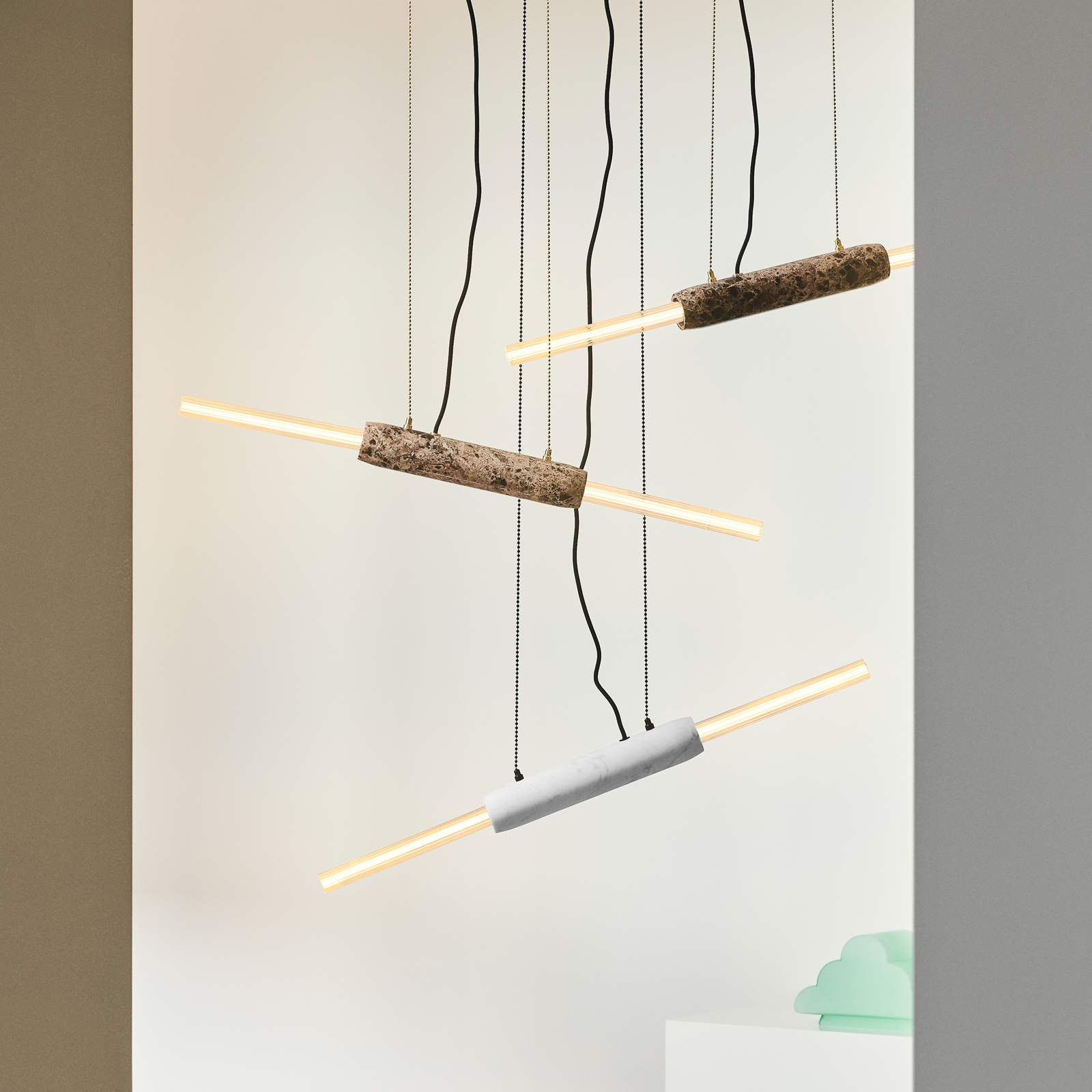 Hanglamp Limbo, marmer, wit, 2-lamps, in hoogte verstelbaar
