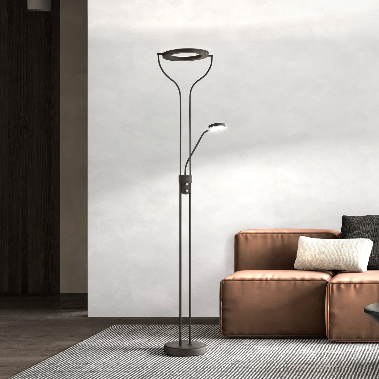 Lámpara de pie LED Davos, negra, altura 180 cm, 2 luces, CCT