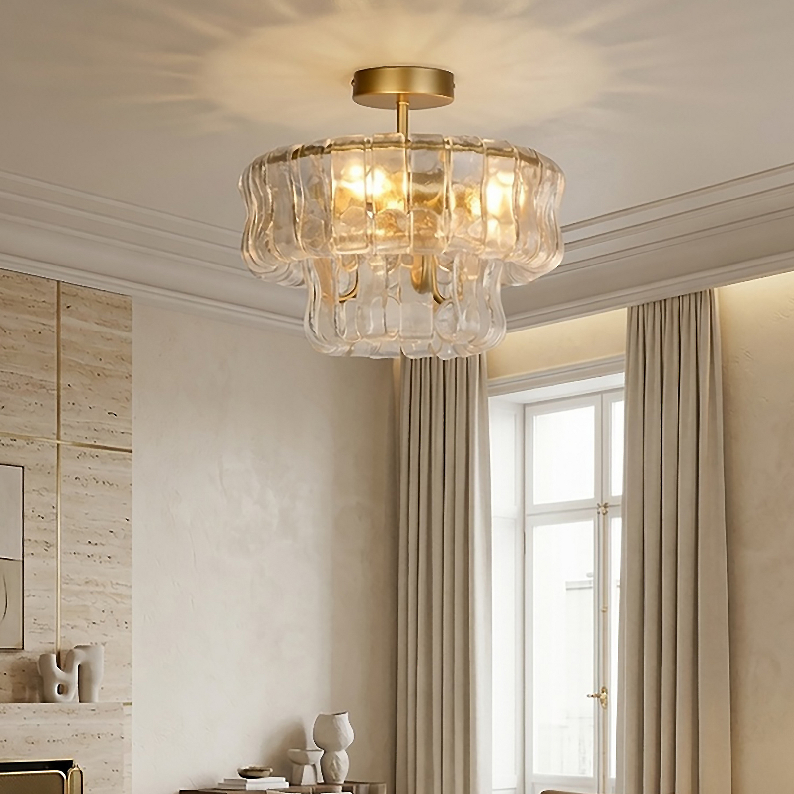 Plafón Bowlight, color dorado/transparente, cristal, metal, E14