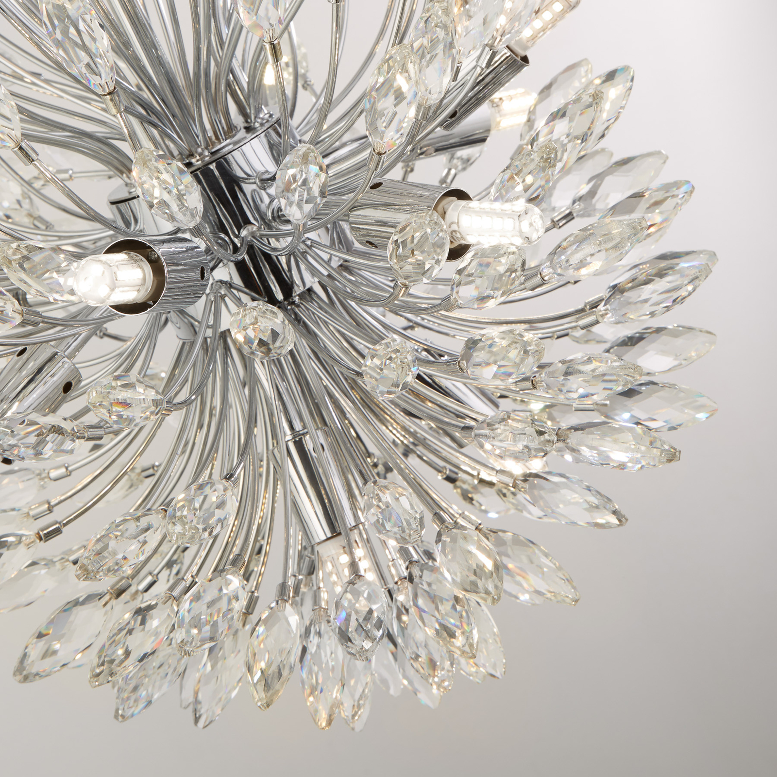 Peacock pendant light, chrome/clear, crystal glass, Ø 37 cm, G9