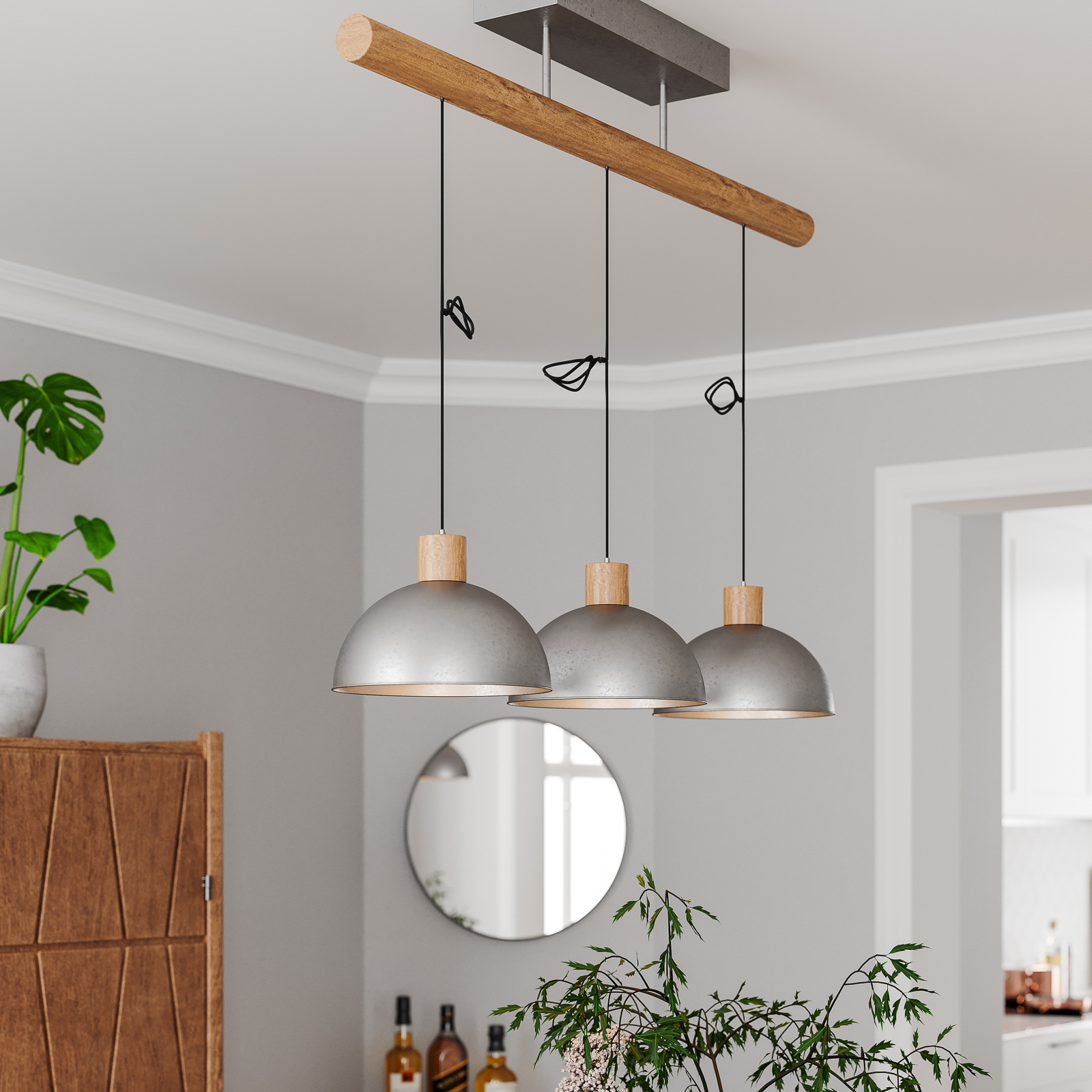 By Rydéns Buckler hanging light, 3-bulb, for Living / Dining Room, metal, wood, E27, 40 W, energy efficiency: A++, L: 100 cm, W: 25 cm