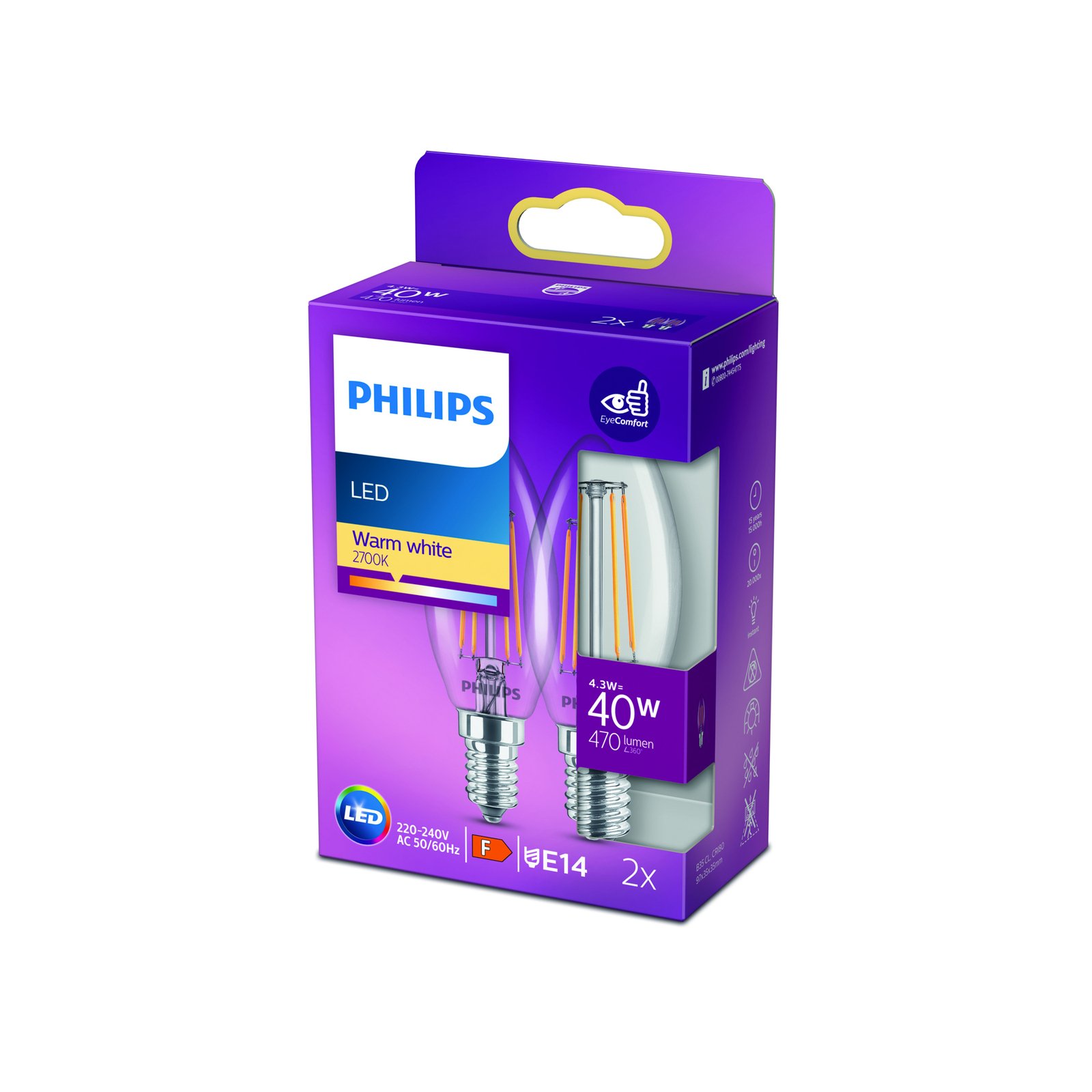 Philips LED-Kerze Filament E14 4,3W 2.700K 2er