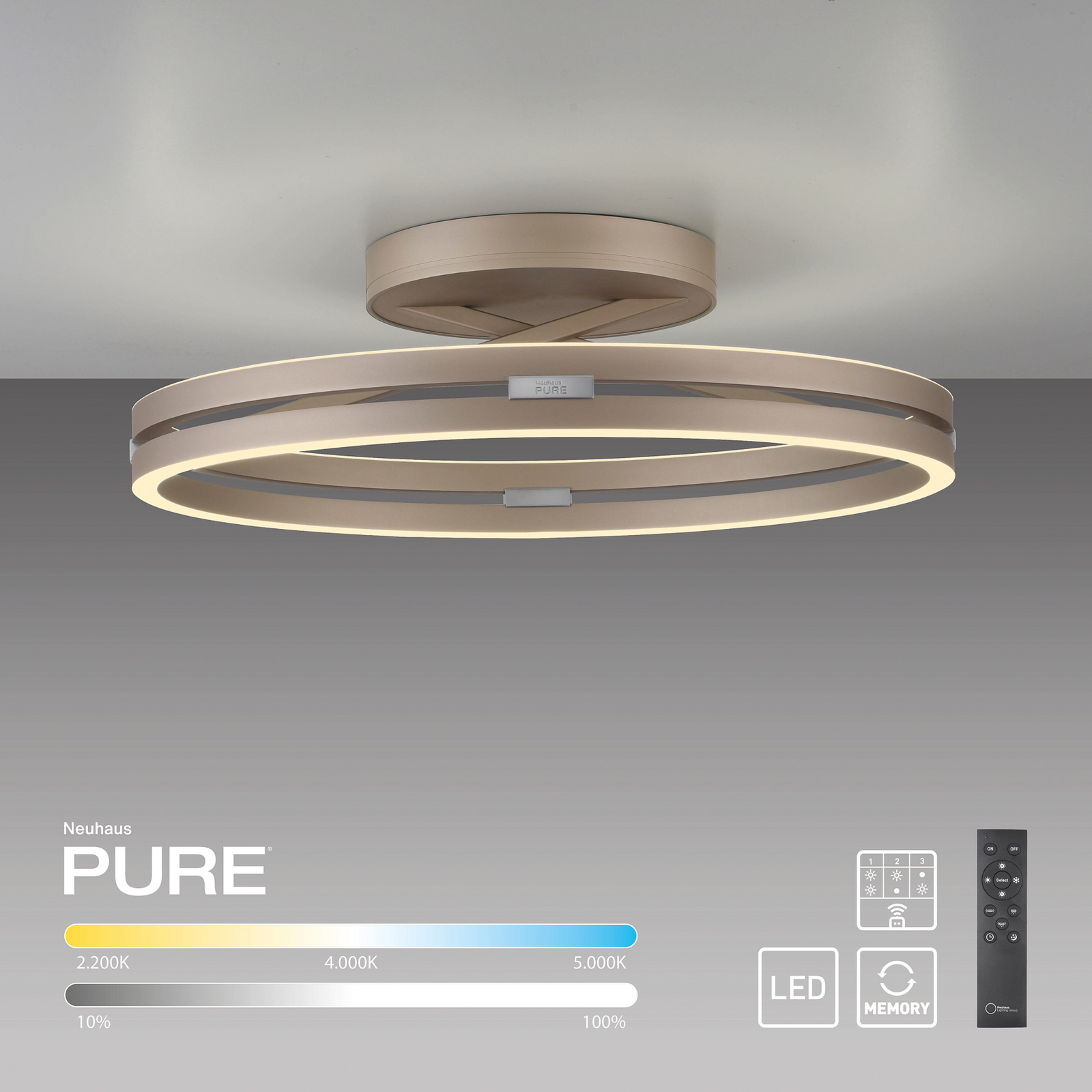 Plafón LED PURE Loop color bronce, metal Ø 60 cm CCT