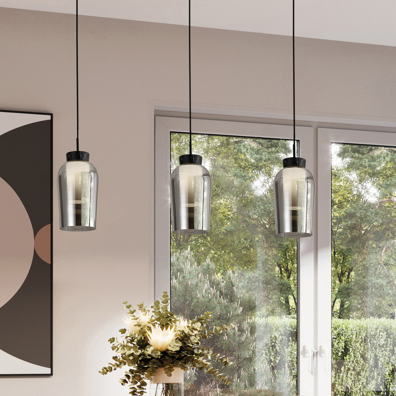 Mantra Iluminación Viseća lampa Nora, crna, krom, 3 žarulje, greda, staklo - Dnevni boravak/blagovaonica