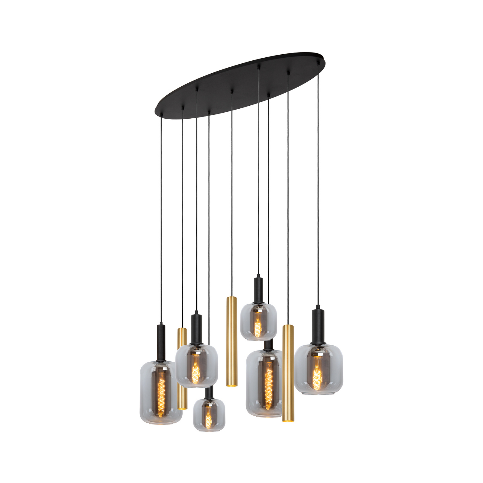 Hängelampe Joanet, Länge 130 cm, rauch/messing, Glas, 9-flg.