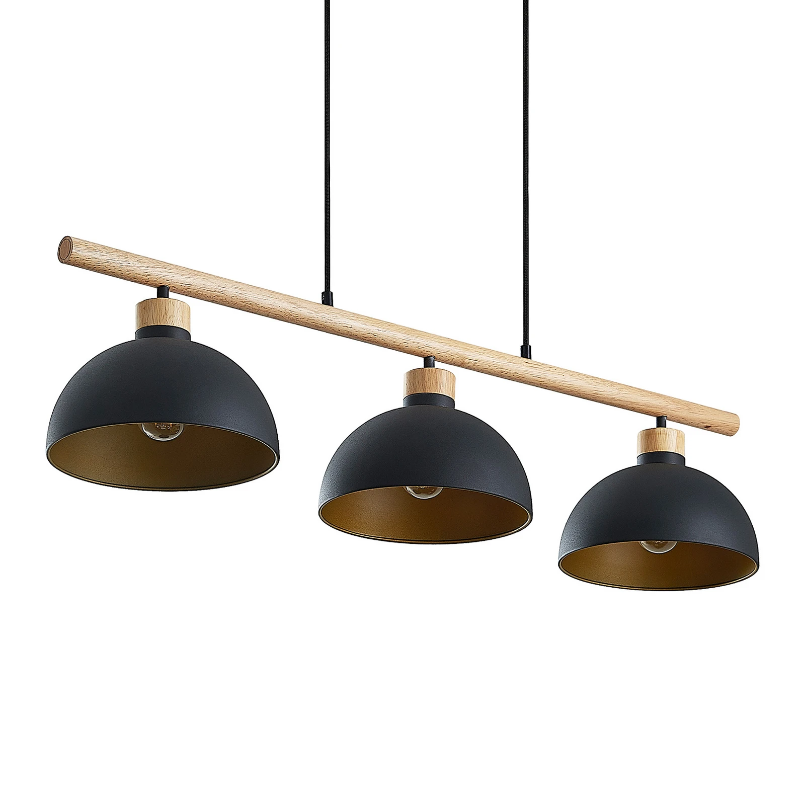 Suspension Lindby Tirzana, à 3 lampes, noir, métal, bois