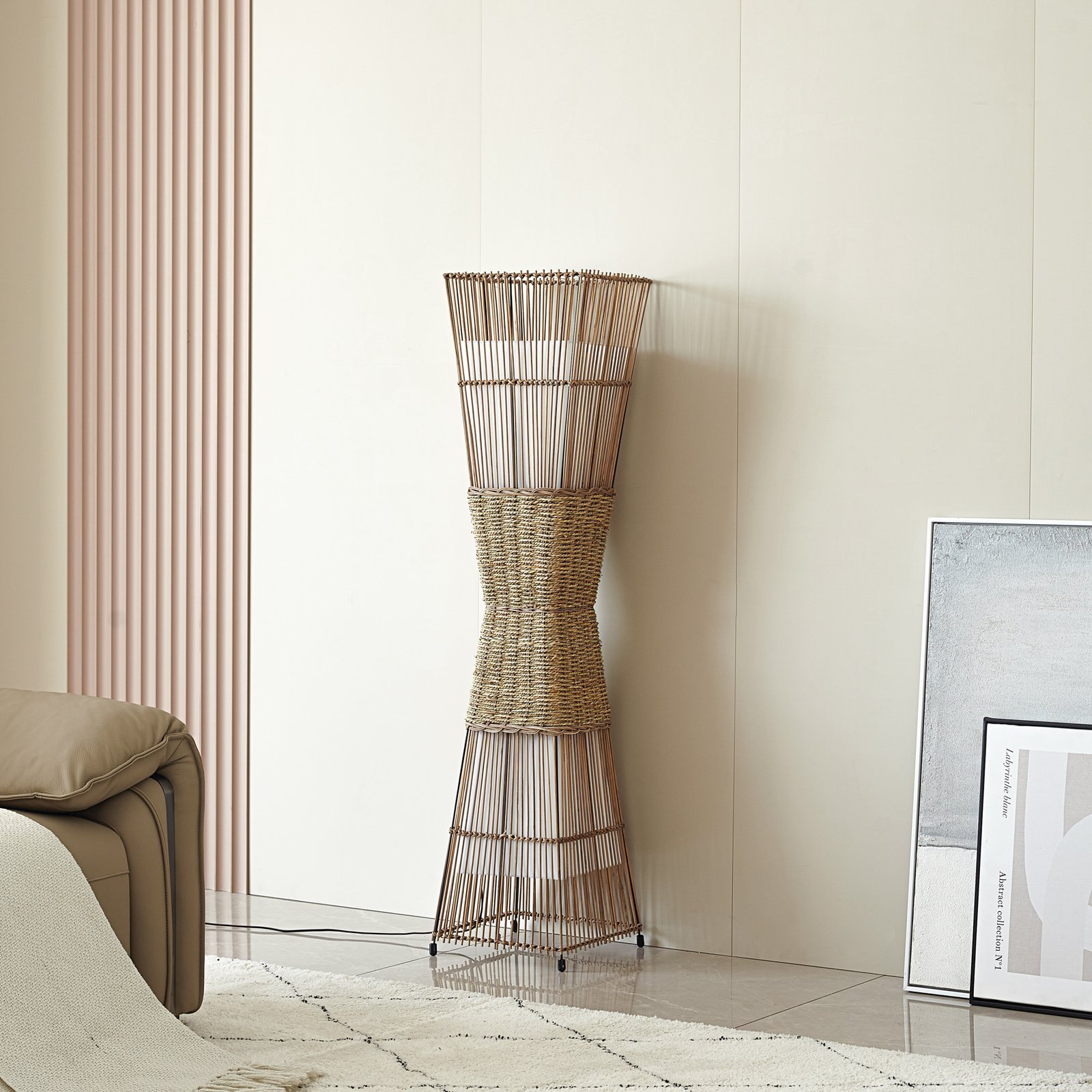 Lindby Jacinto floor lamp, bamboo, hemp, height 130 cm