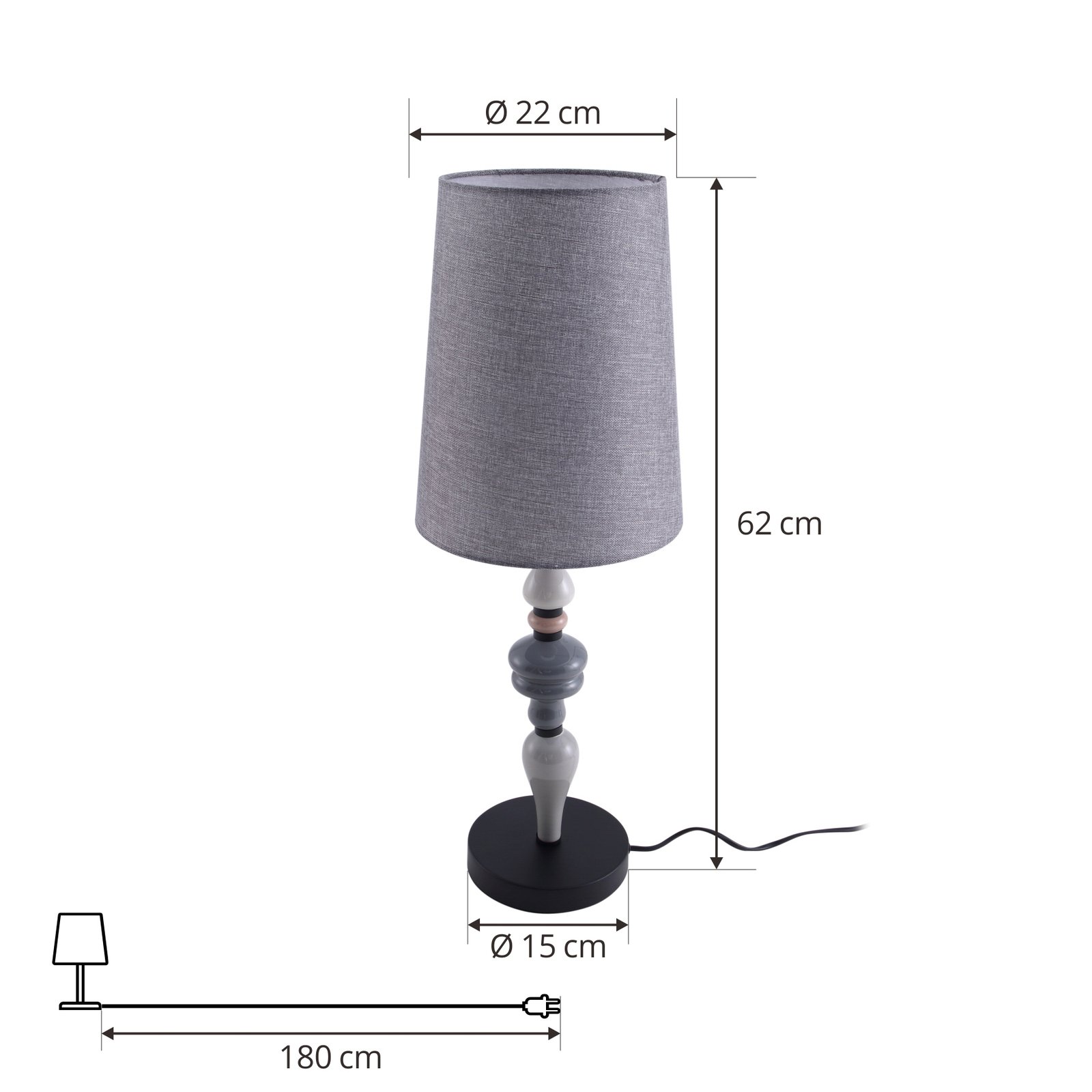 Lindby tafellamp Haldorin, grijs/zwart, textiel, 62 cm