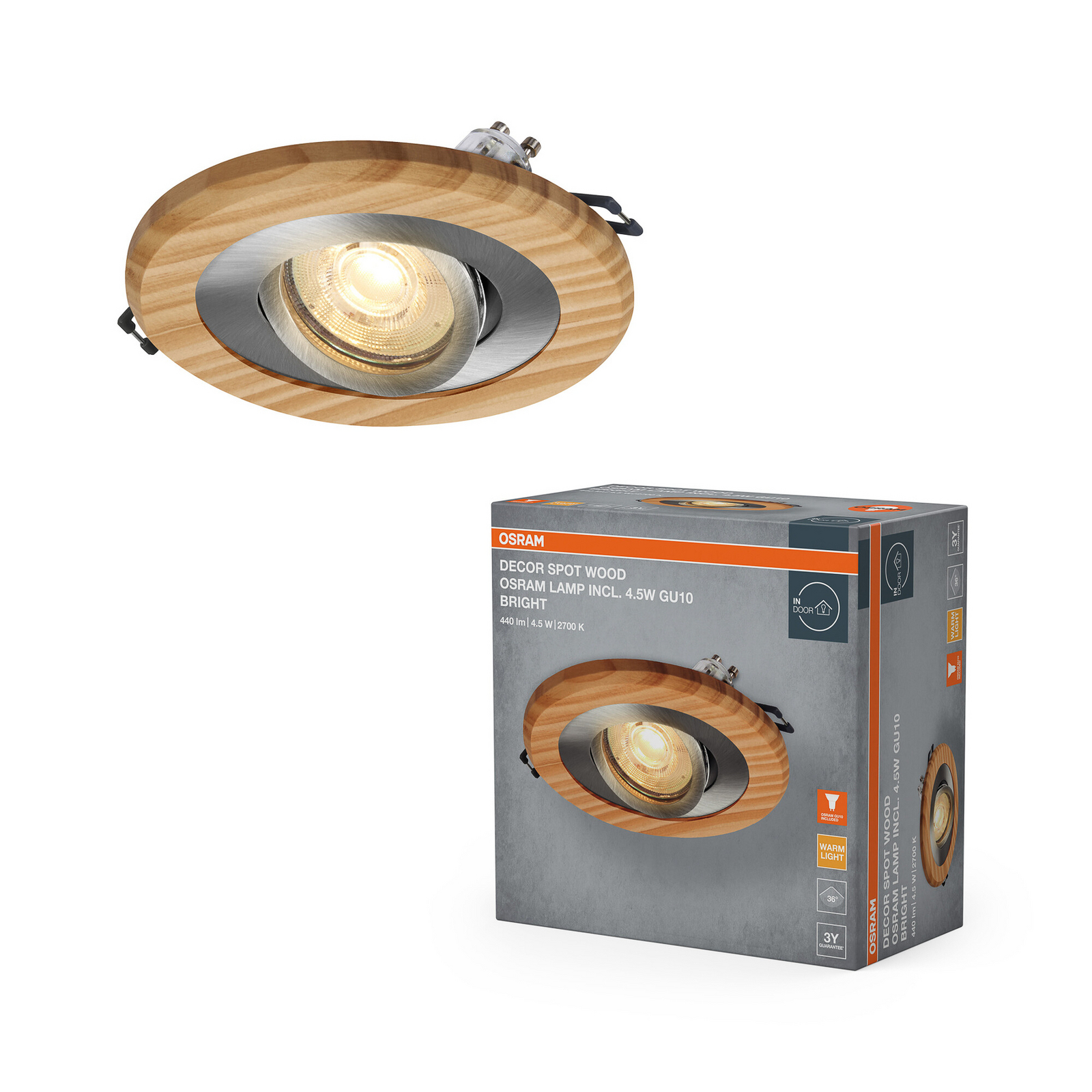 OSRAM iebūvējamais prožektors, gaiša koka krāsa/nikelis, Ø 12 cm, GU10-LED OSRAM iebūvējamais prožektors, gaiša koka krāsa/nikelis, Ø 12 cm, GU10-LED