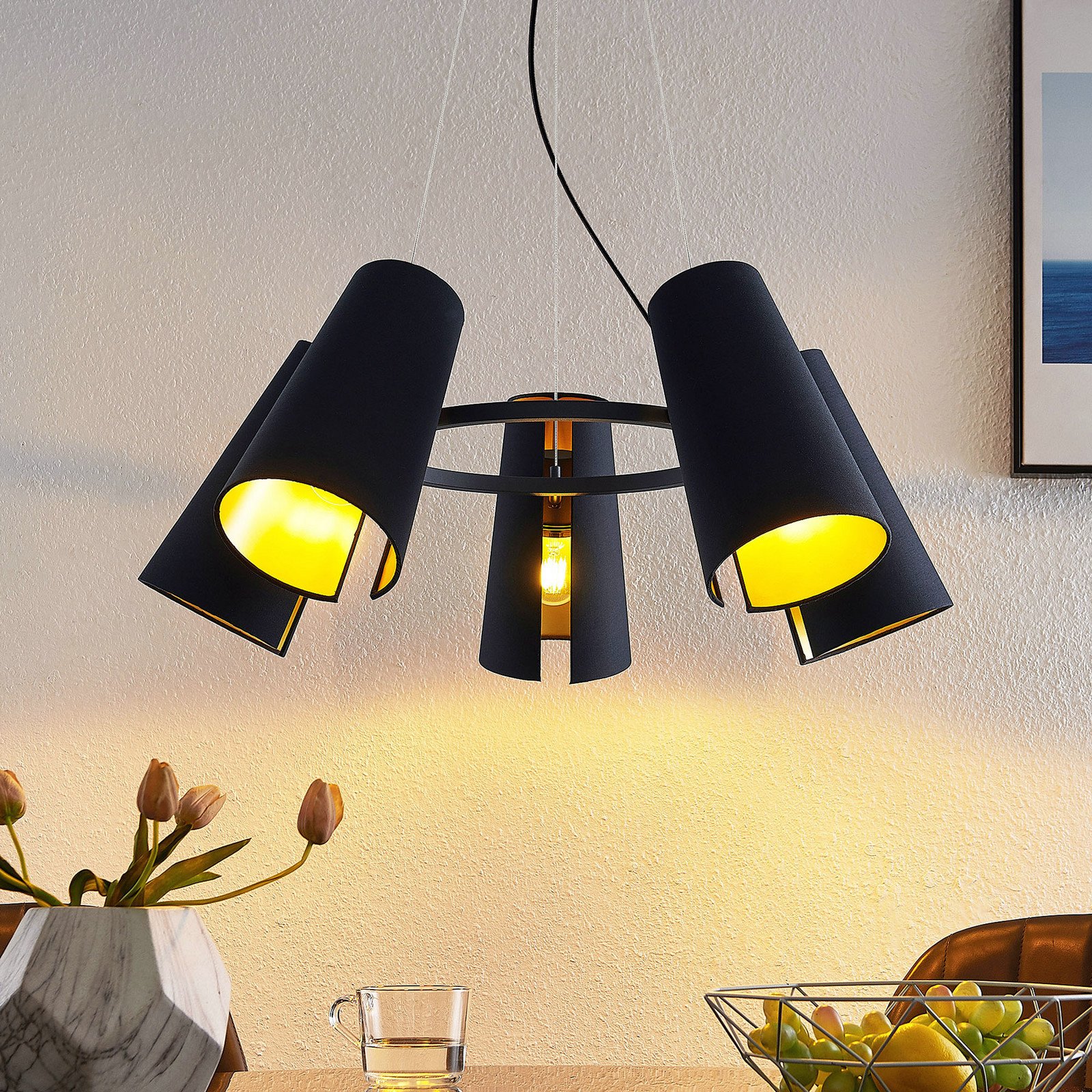 Lucande Kemoni lampă suspendată cinci becuri - Camera de zi / sufragerie - modern - negru auriu - Metal