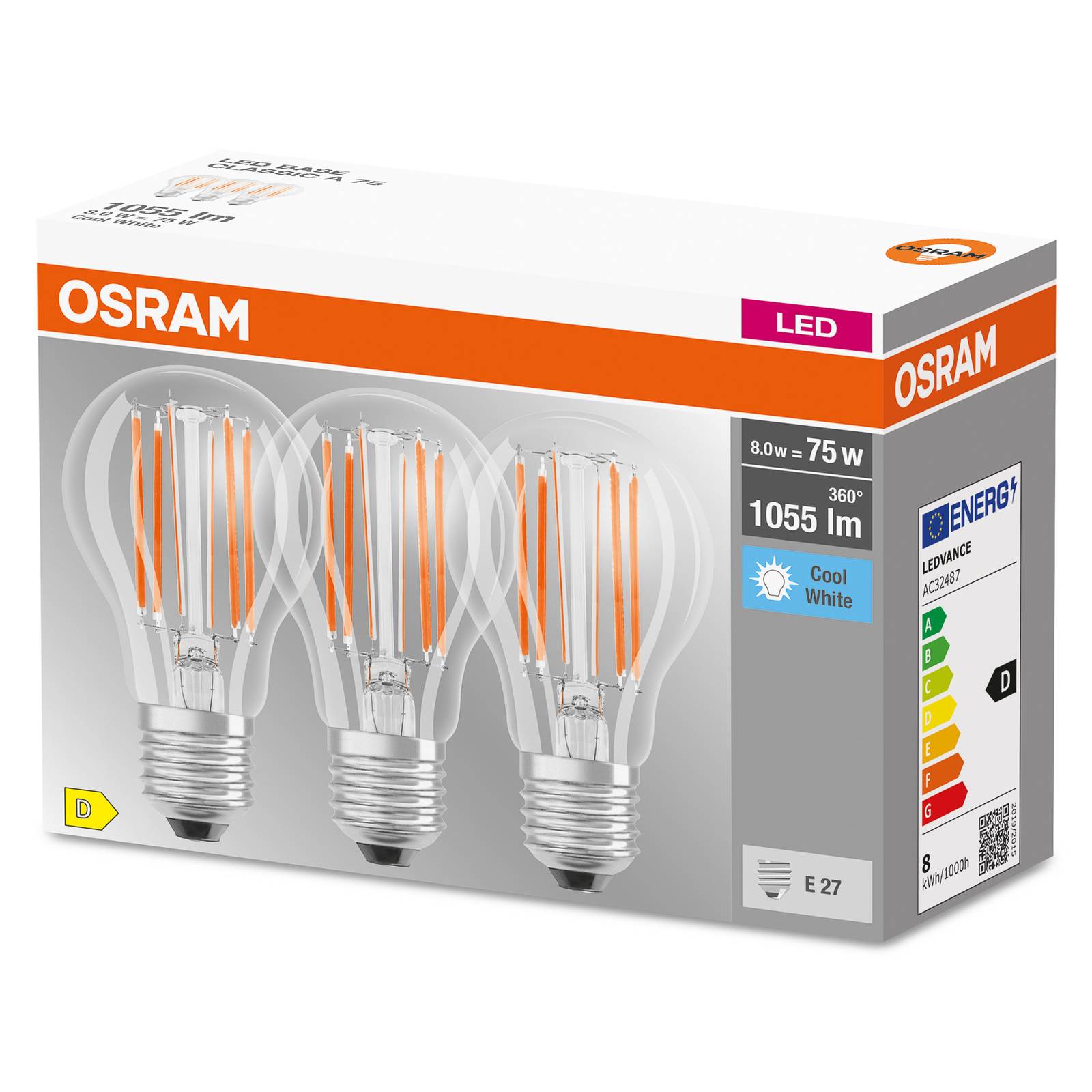 OSRAM OSRAM LED žárovka filament E27 Base 7,5W 4000K 3ks