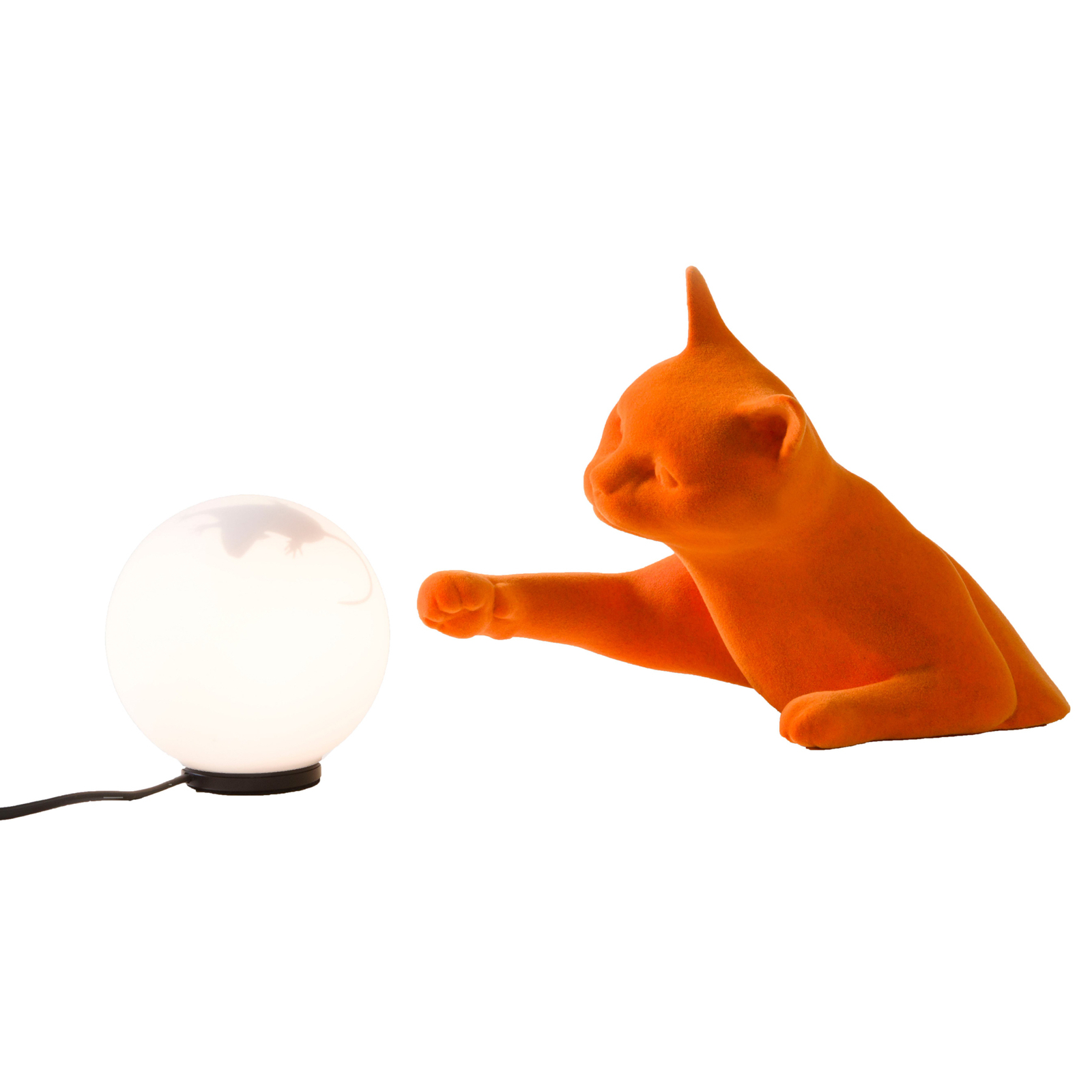 Karman table lamp Maoo, ceramic orange, glass, cat figurine