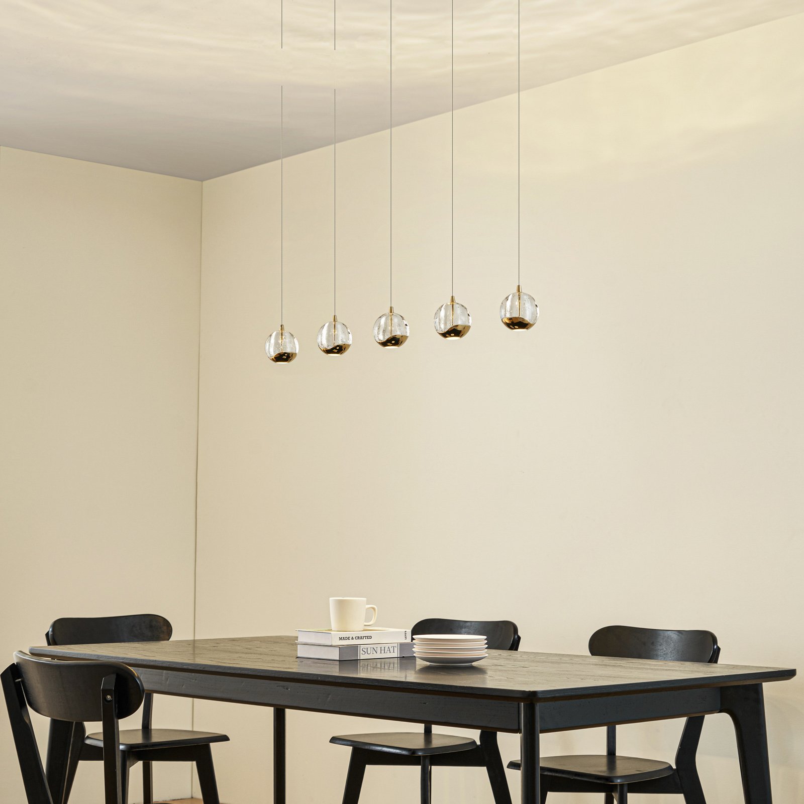 Lucande LED-pendellampe Hayley, 96 cm, 5 lyskilder, gull, glass
