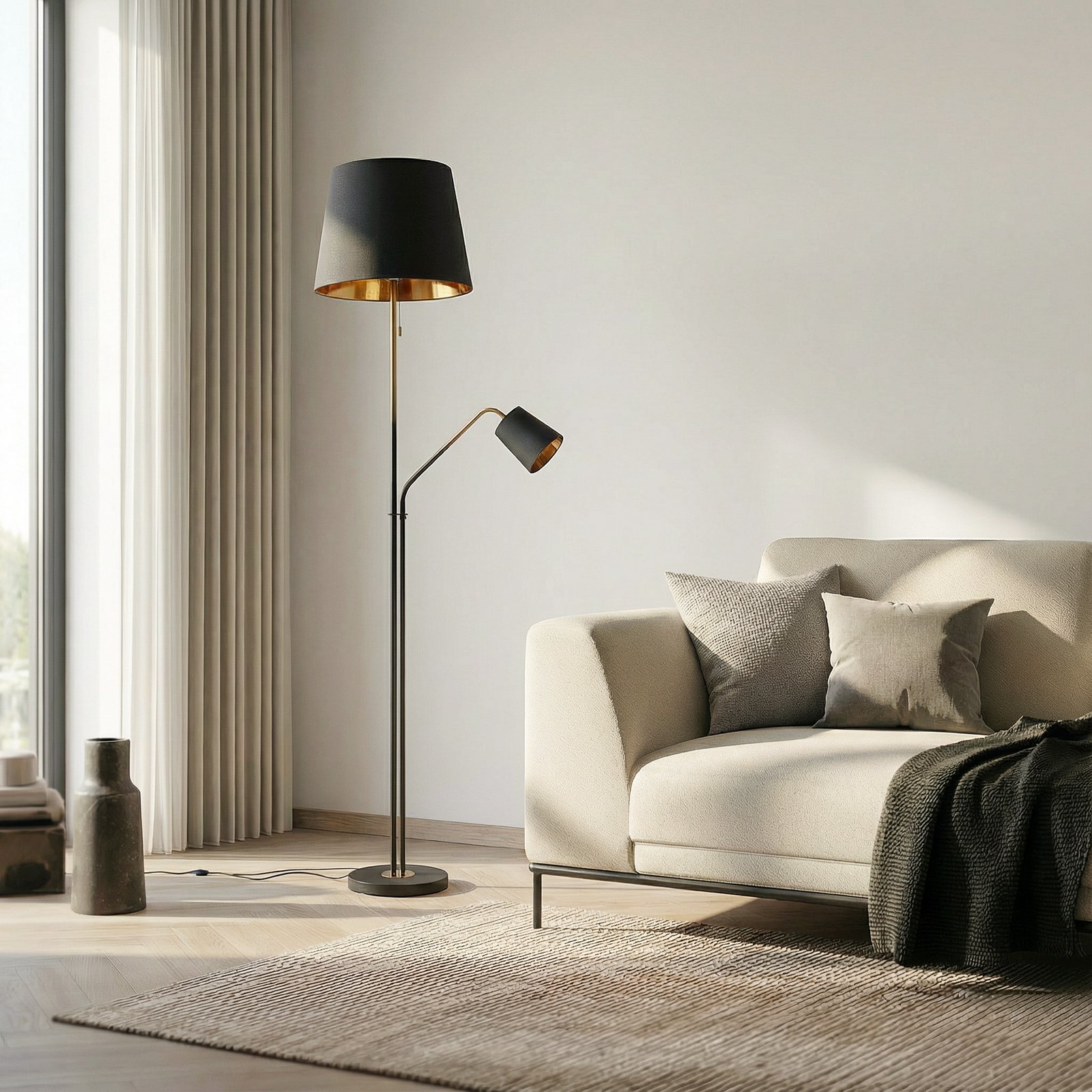 Stojací lampa Lindby Efalia, černá/zlatá, textil, světlo na čtení