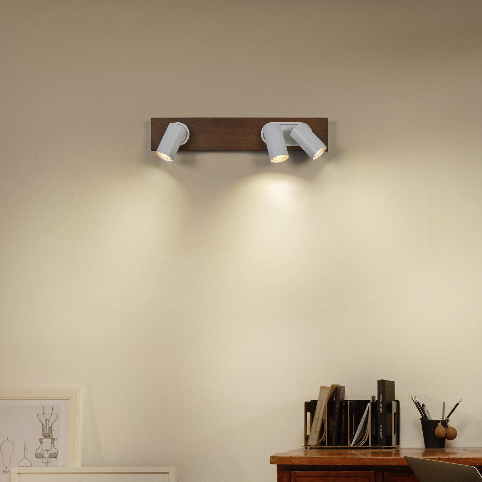 LEDVANCE LED stropný reflektor Mercury GU10, 3-svetelný, drevo/biela