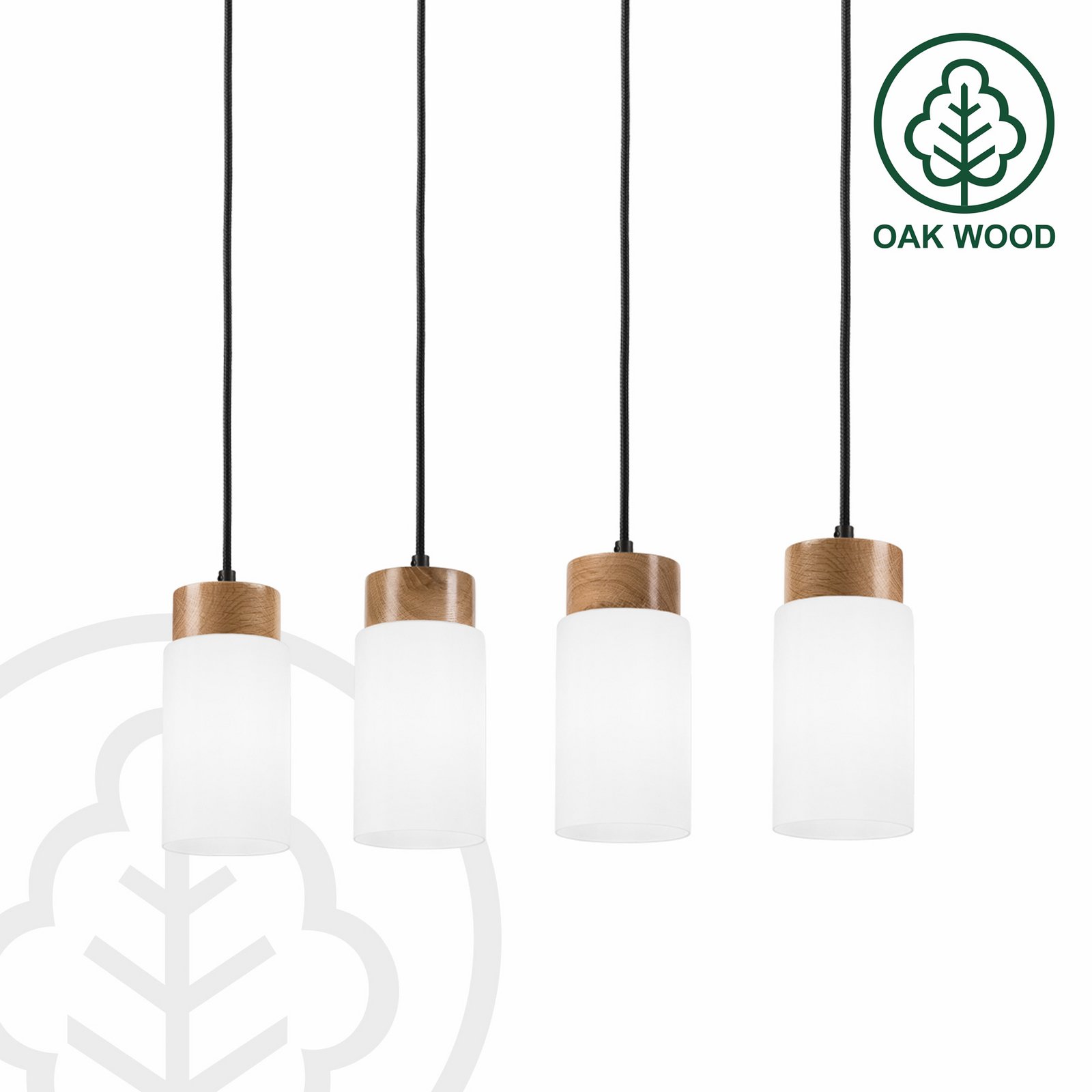 Markus pendant light, opal glass/oak, length 80 cm, 4-bulb.