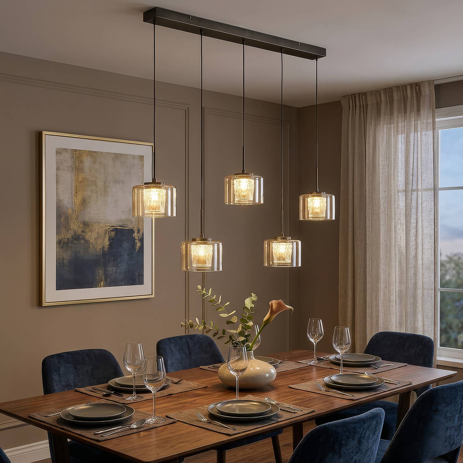 Searchlight LED hanglamp Tumblers, 5-lamps, lang, brons, glas, 3.000 K