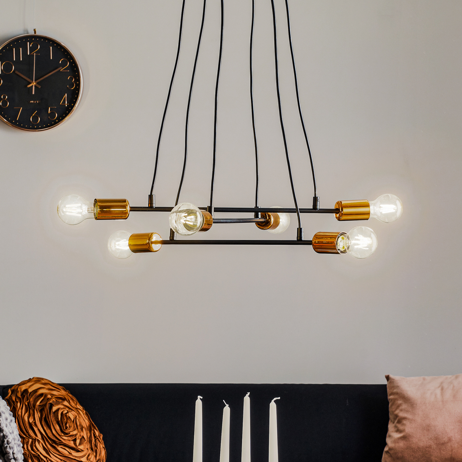 Bravo hanging light 6-bulb, copper details, black