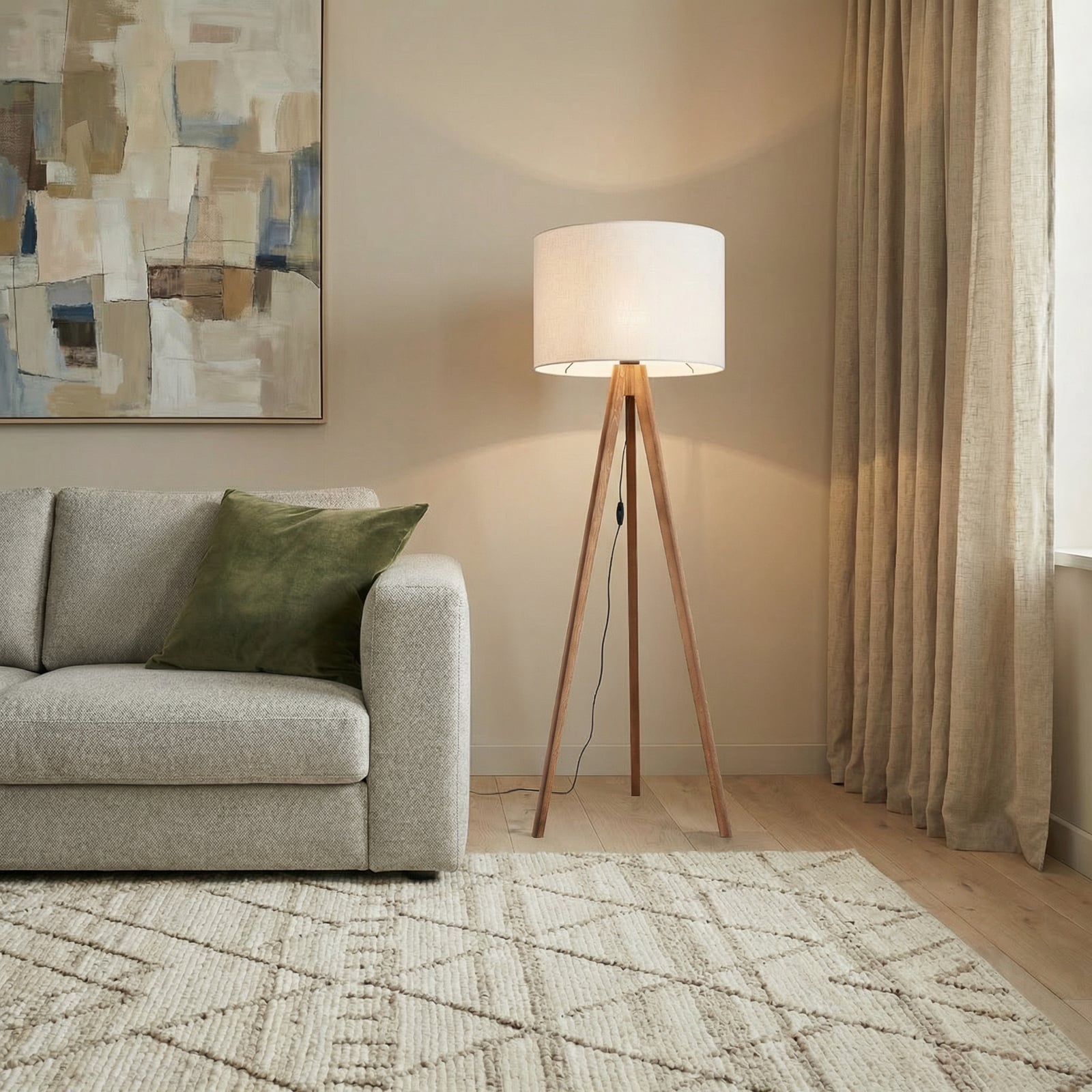 Lampa stojąca Grand, kremowa/orzechowa, wysokość 145 cm, E27