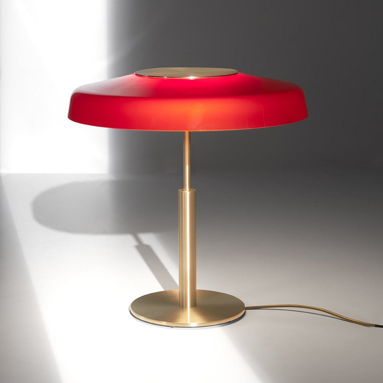 Oluce LED table lamp Dora, gold, red, metal, PMMA