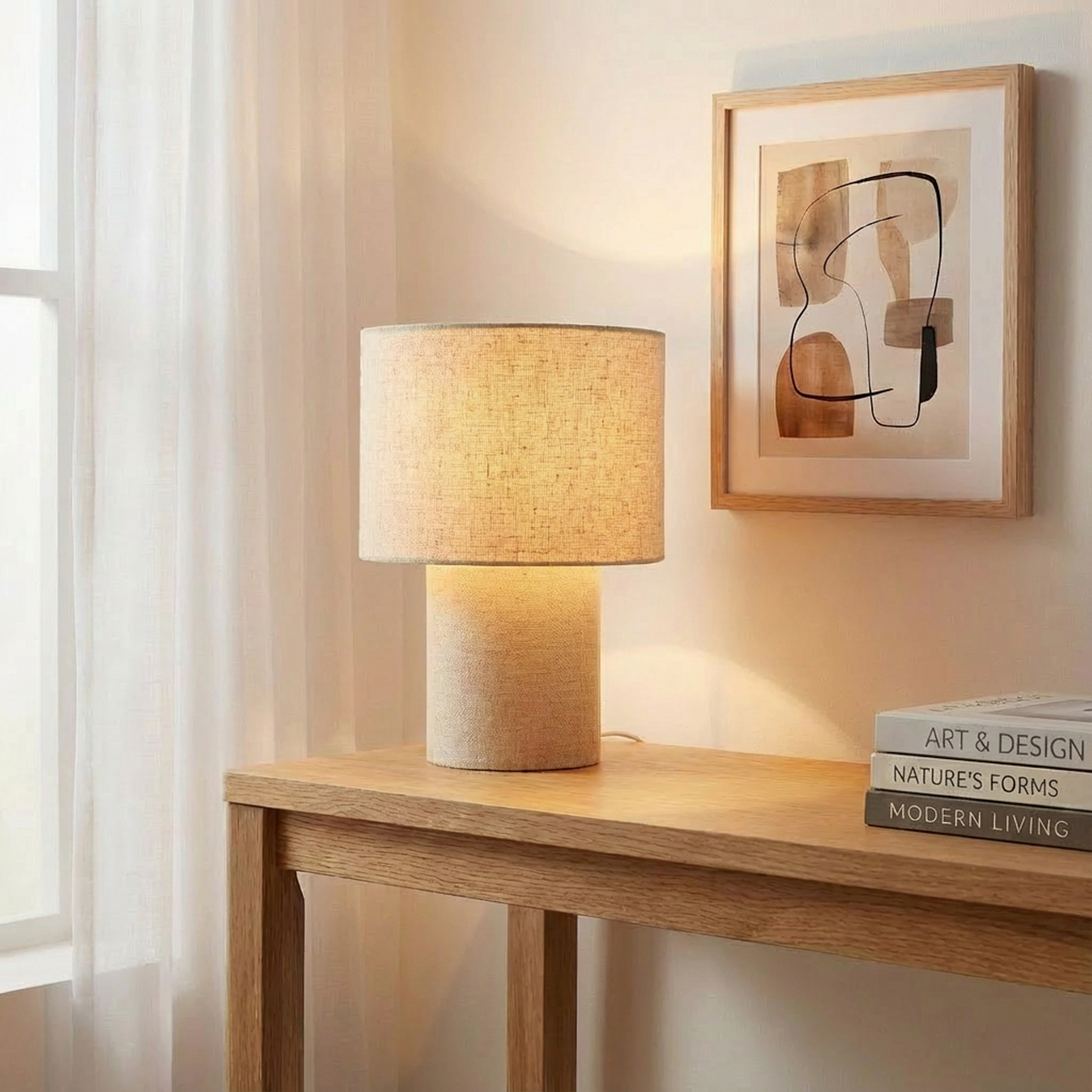 Lámpara de mesa Lindby Elfie, Ø 23 cm, beige, lino, E27