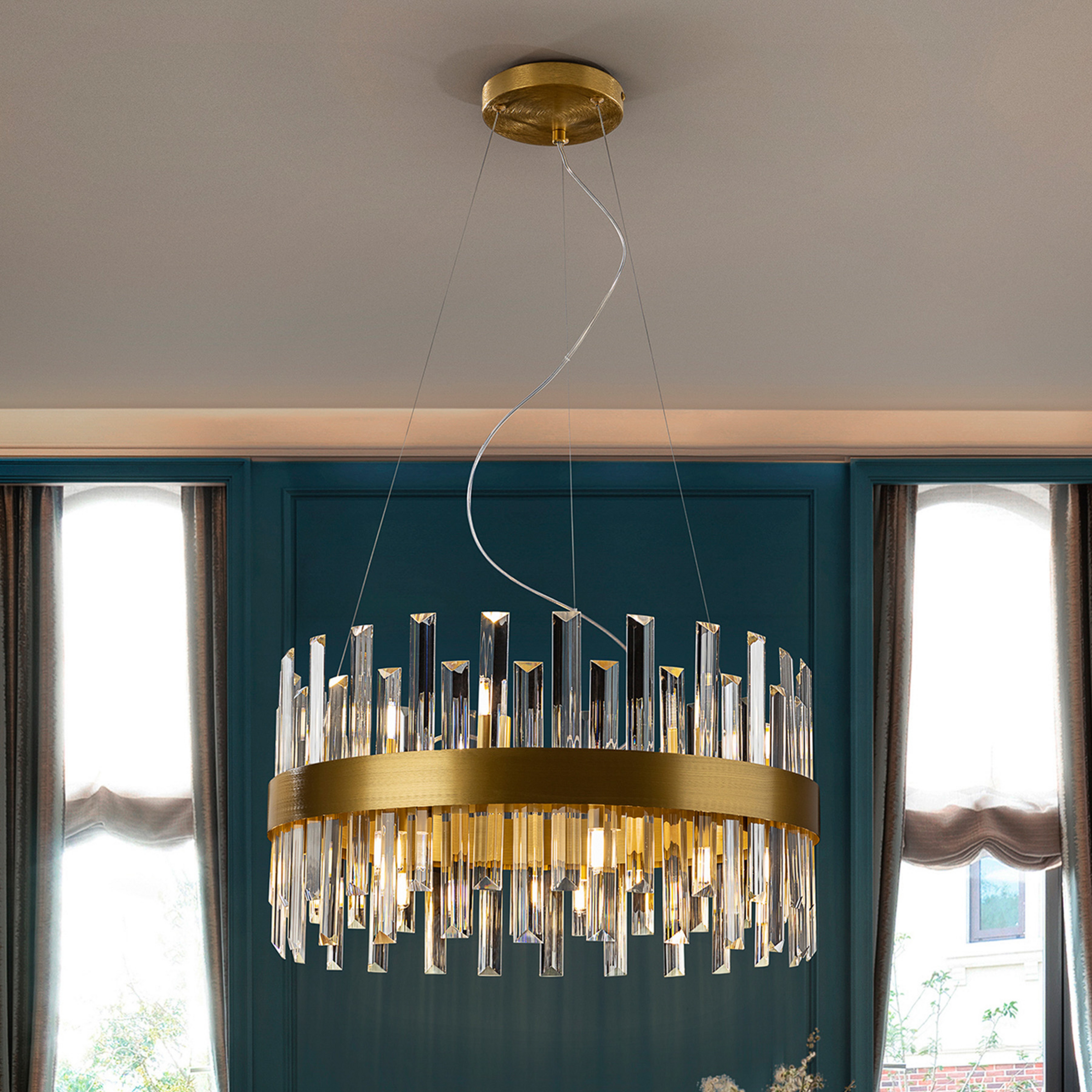 Závesné svietidlo Grace, železo, sklo, kruhový tvar, Ø 55 cm, 14 svetiel.