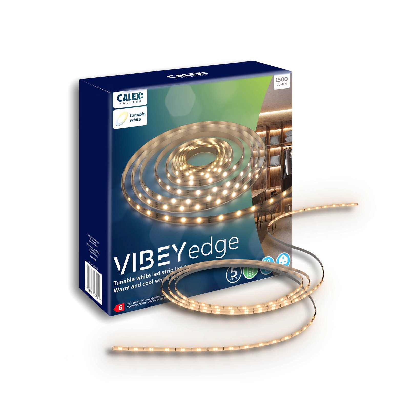 Calex LED strip Vibey, lengte 5 m, stekker, afstandsbediening, CCT