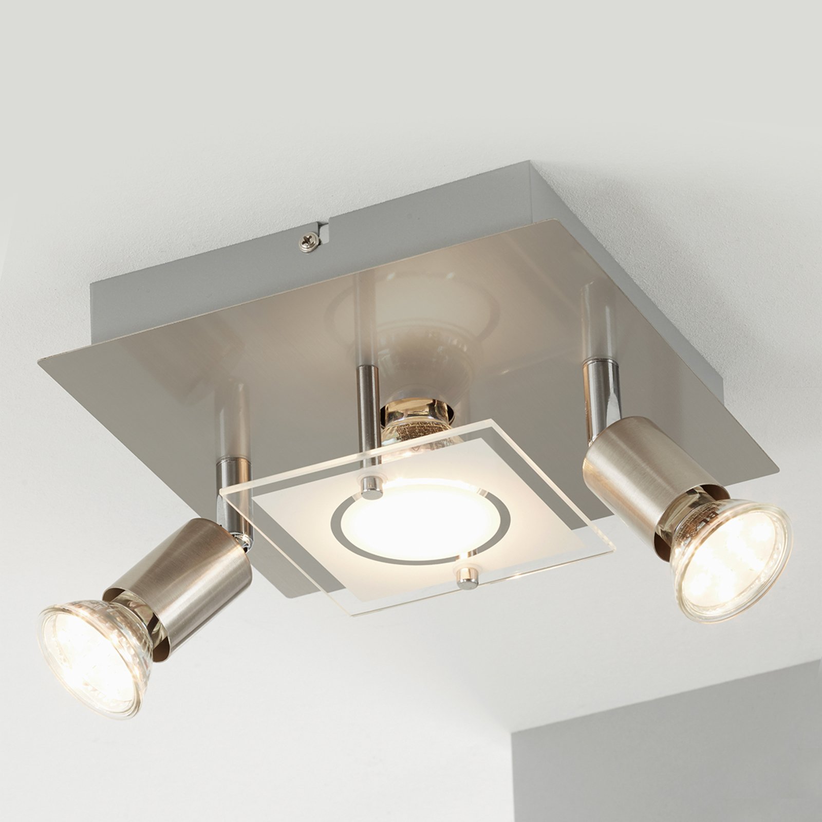 Brilonger Matt nickel-plated Start LED ceiling lamp - 3-bulb, for Living / Dining Room, metal, glass, GU10, 3 W, energy efficiency: A+, L: 20 cm, W: 20 cm, H: 9 cm