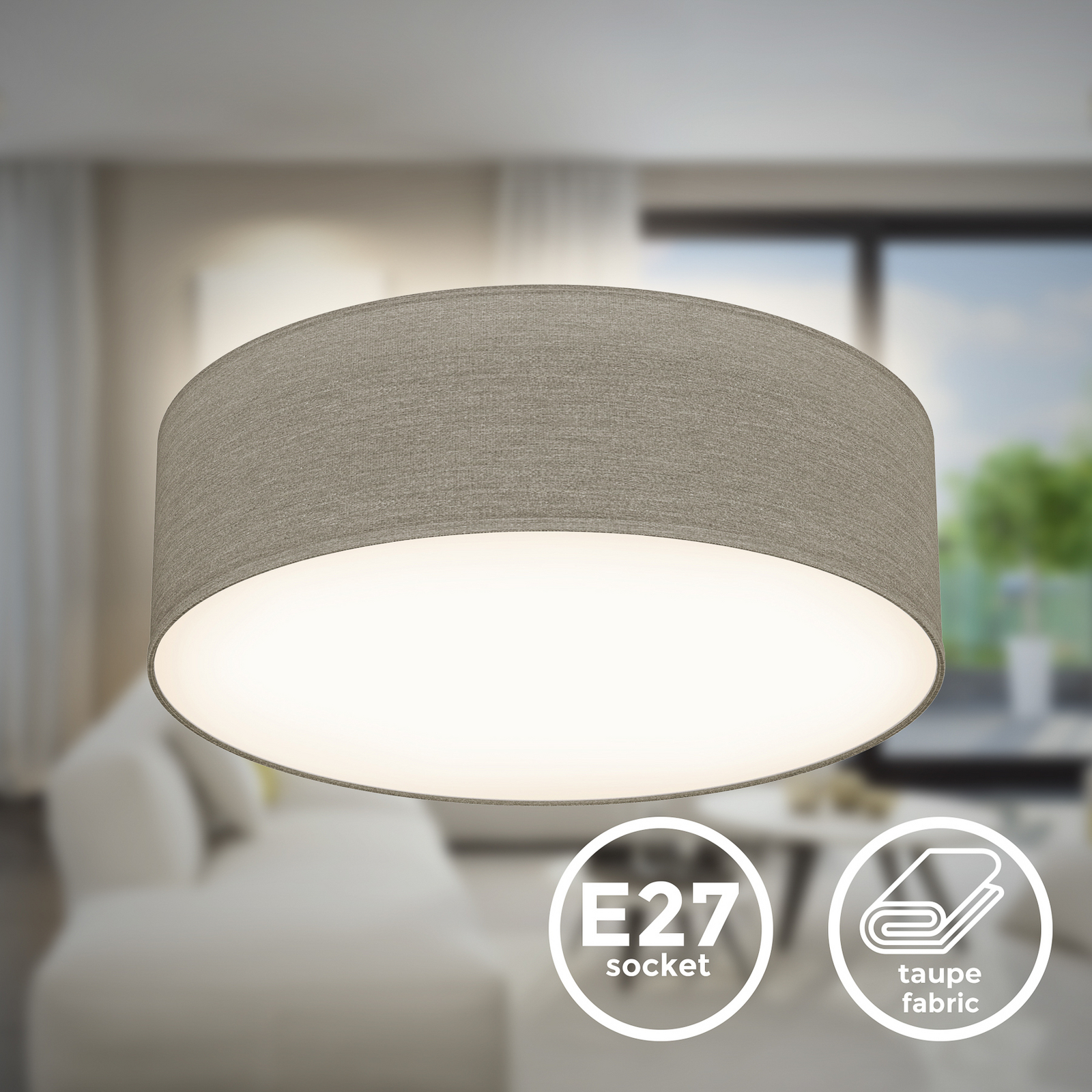 Plafondlamp Litora, taupe, Ø 30 cm, textiel, E27 Plafondlamp Litora, taupe, Ø 30 cm, textiel, E27