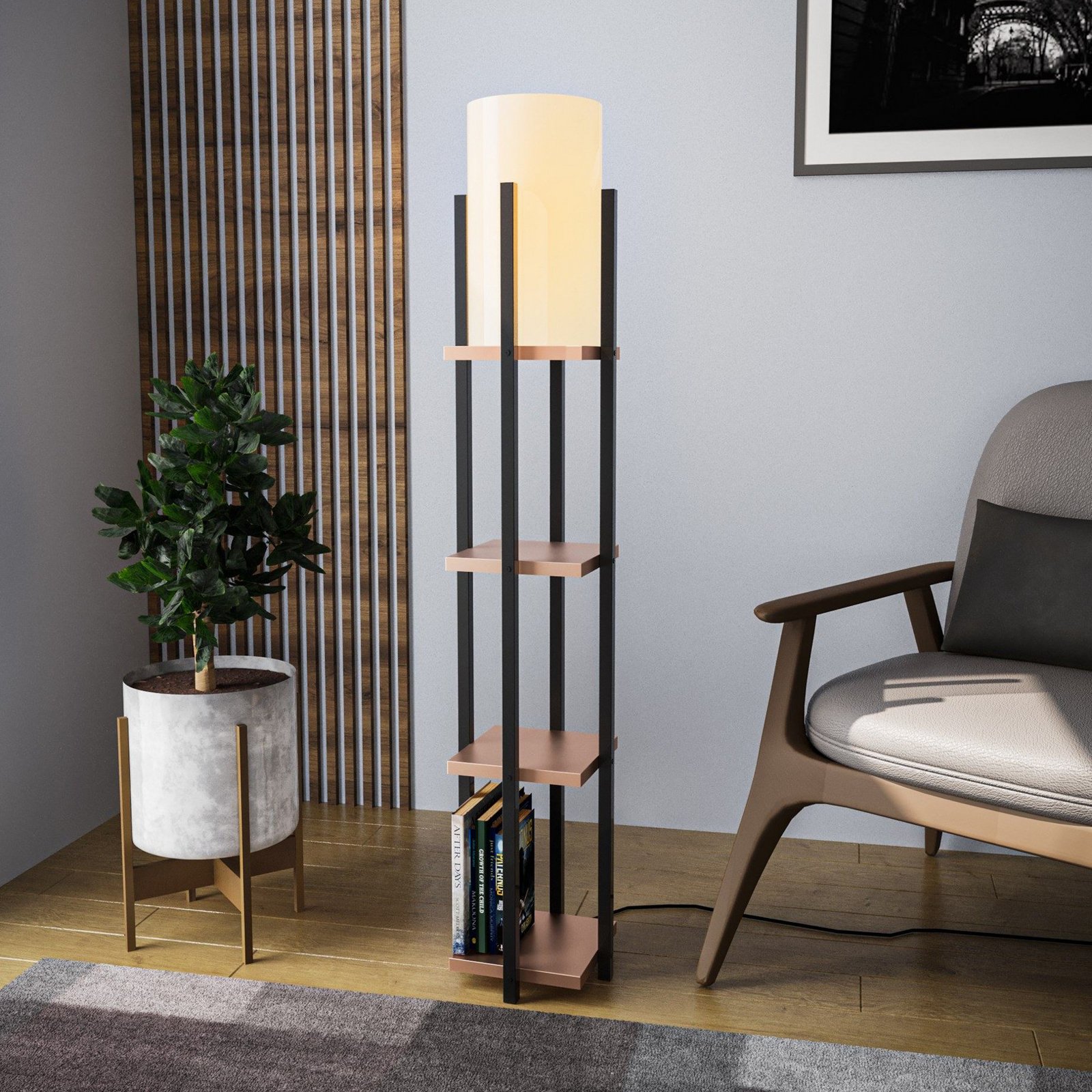 Shelf floor lamp, black/copper, fabric, height 130 cm, E27