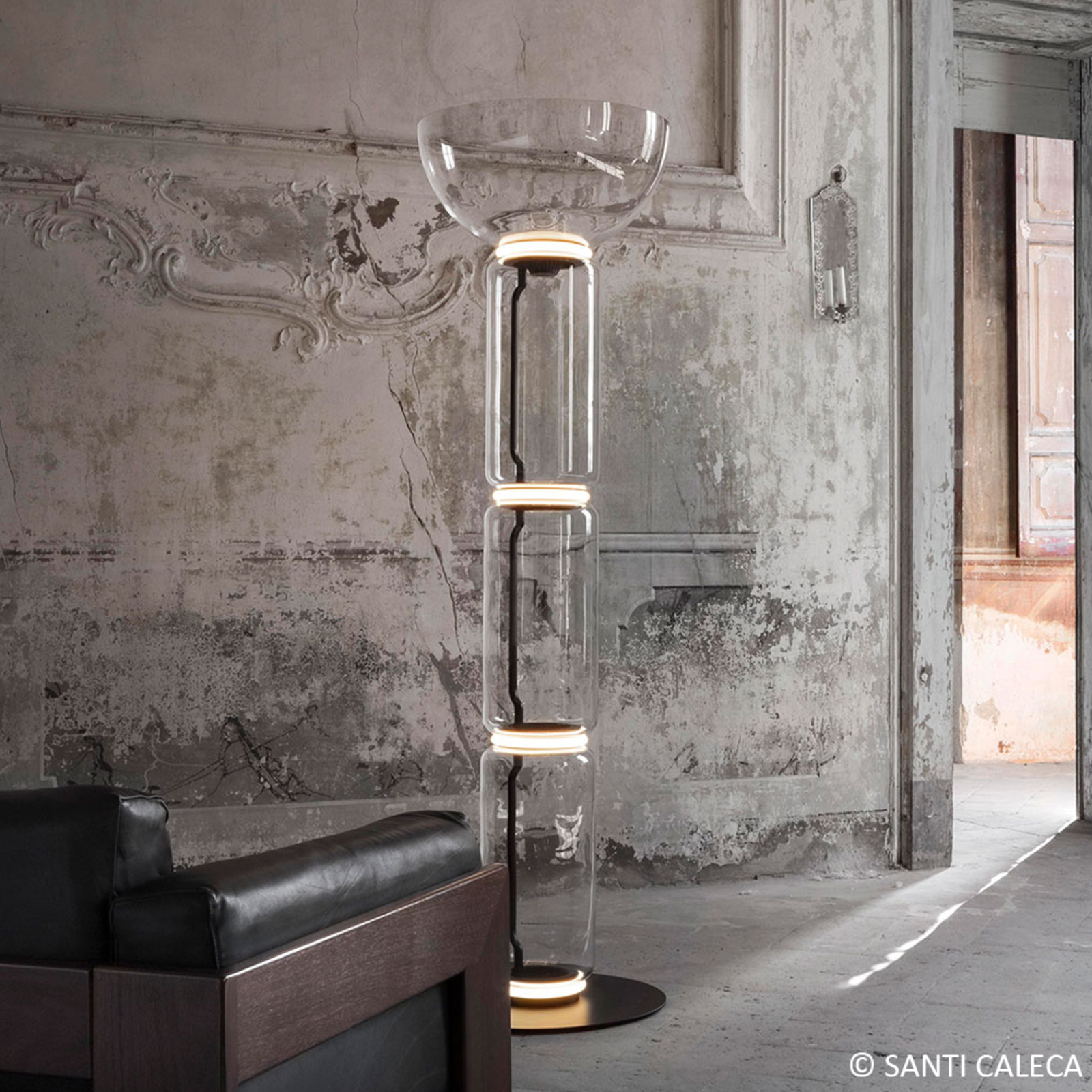Flos FLOS Noctambule 3 high cylinders, bowl, big base, for Living / Dining Room, glass, aluminium, 54 W, energy efficiency: A+, H: 190 cm