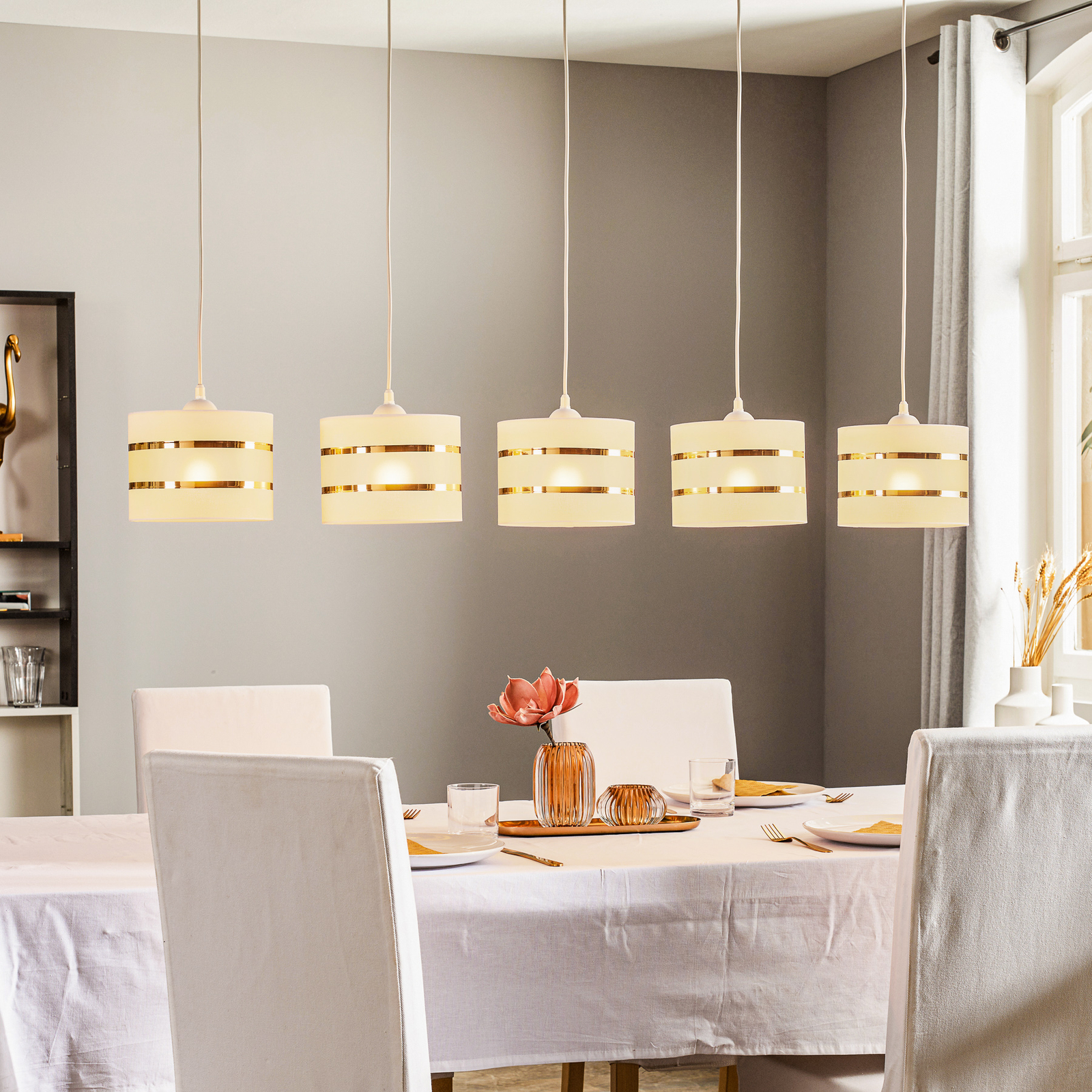 Suspension linéaire Helen, blanc-doré, 5 lampes