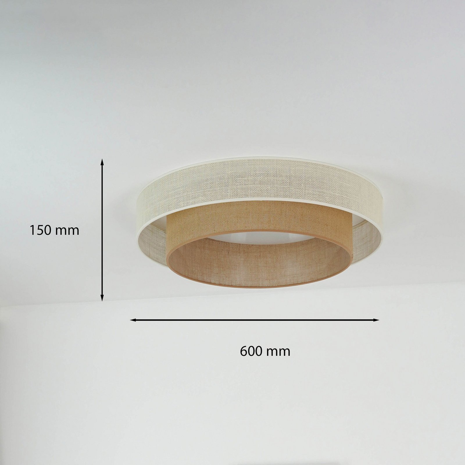 LED griestu gaisma Luneta, džuta, balta/brūna, Ø 60 cm, 3 pakāpju izslēgšana