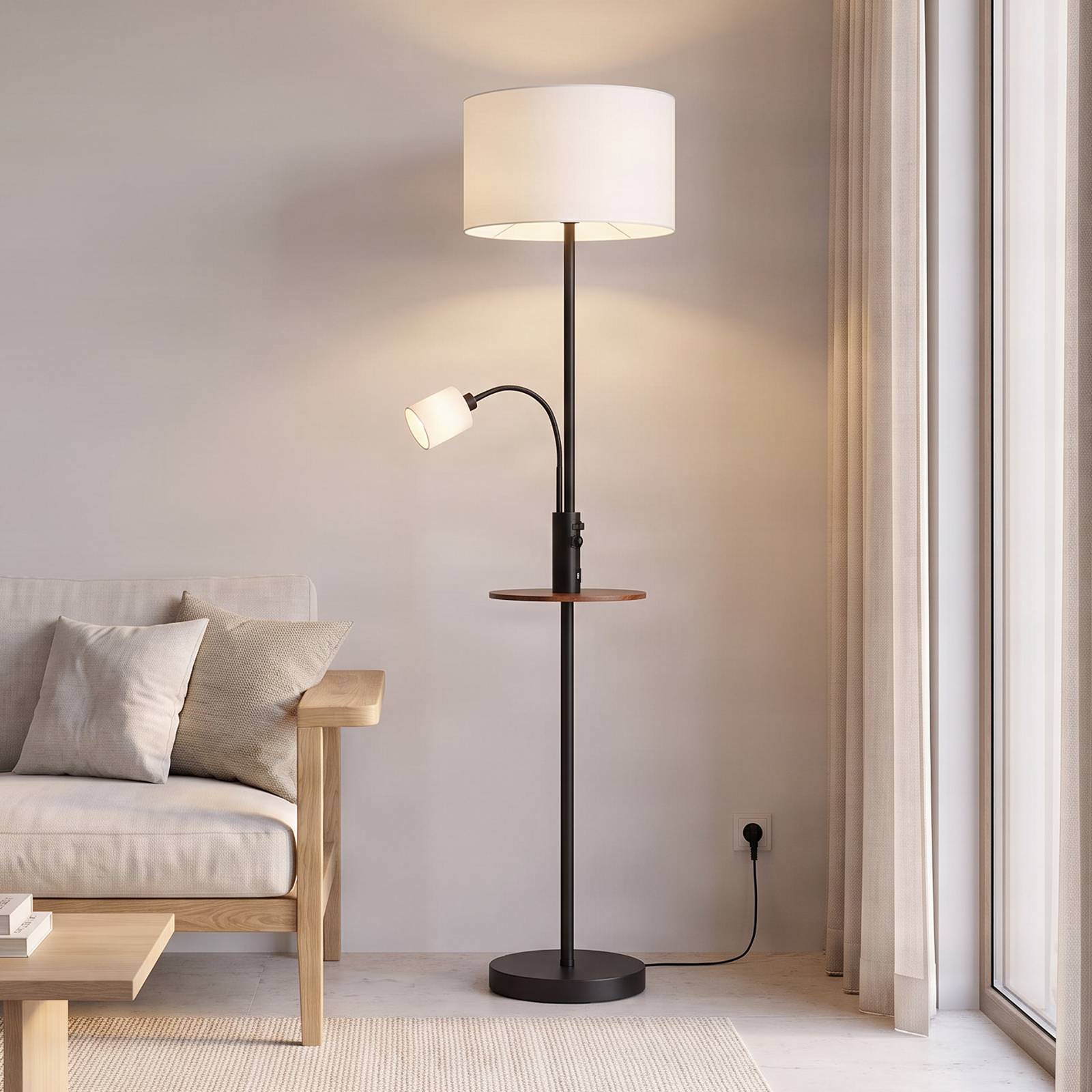 Lindby Lampa podłogowa Aovan, czarna, półka, port USB