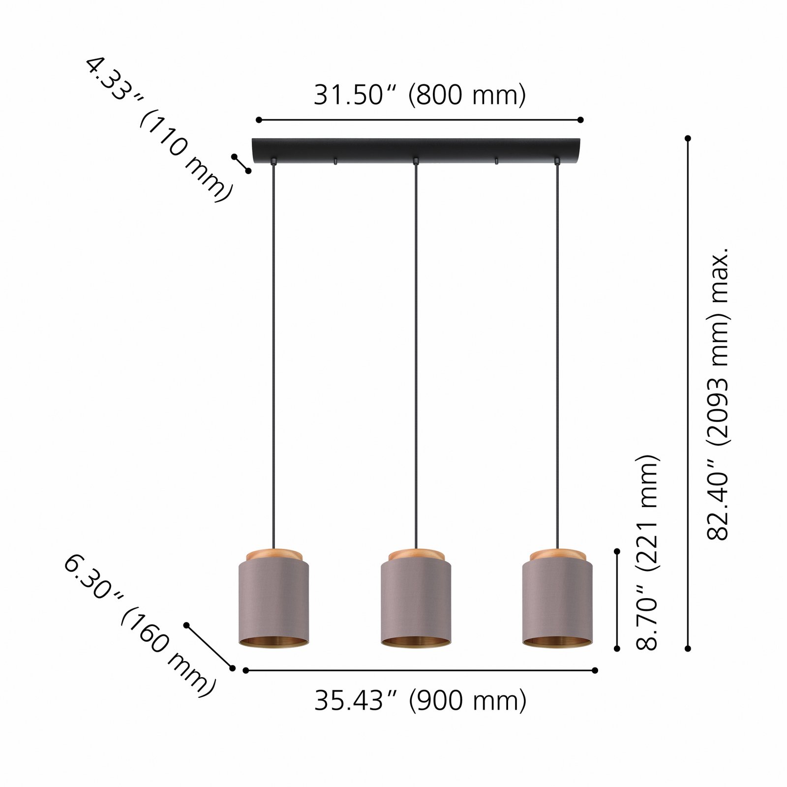 Текстилна висяща лампа Albariza, цвят капучино, плат, 3 светлини.