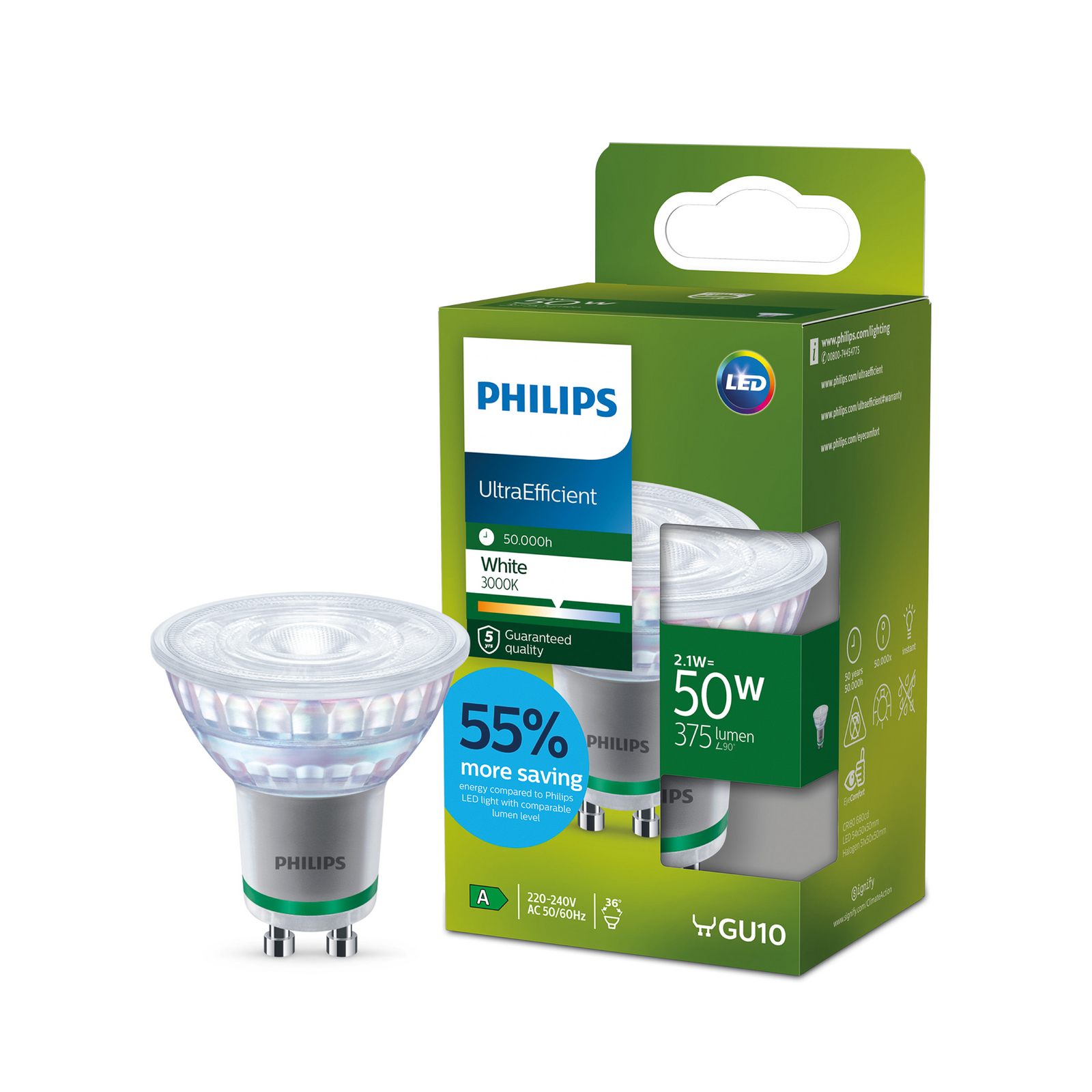 Philips GU10 réflecteur LED 2,1W 375lm 36° 3 000K