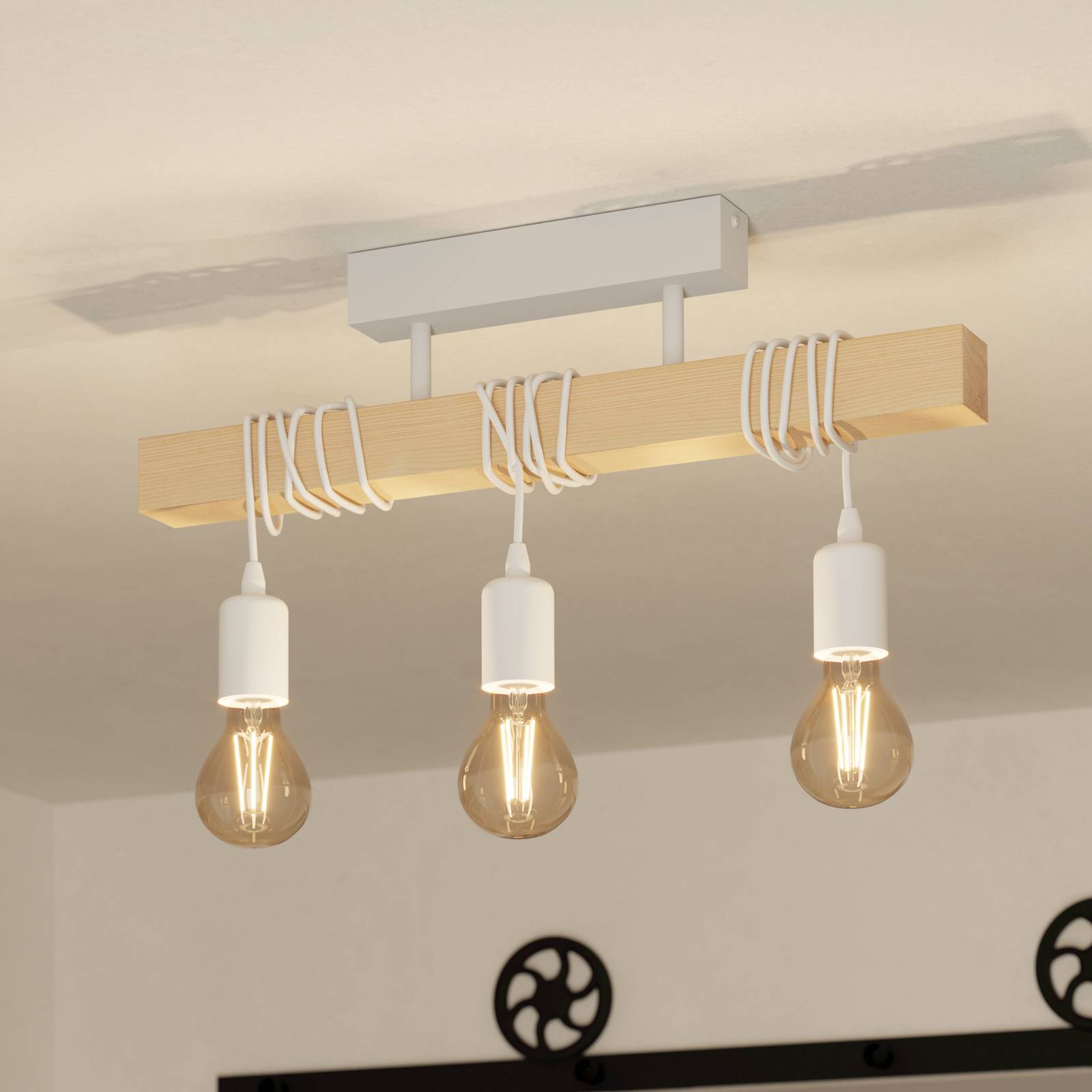 Deckenleuchte Townshend, Länge 55 cm, weiß/eiche, 3-flg. günstig online kaufen