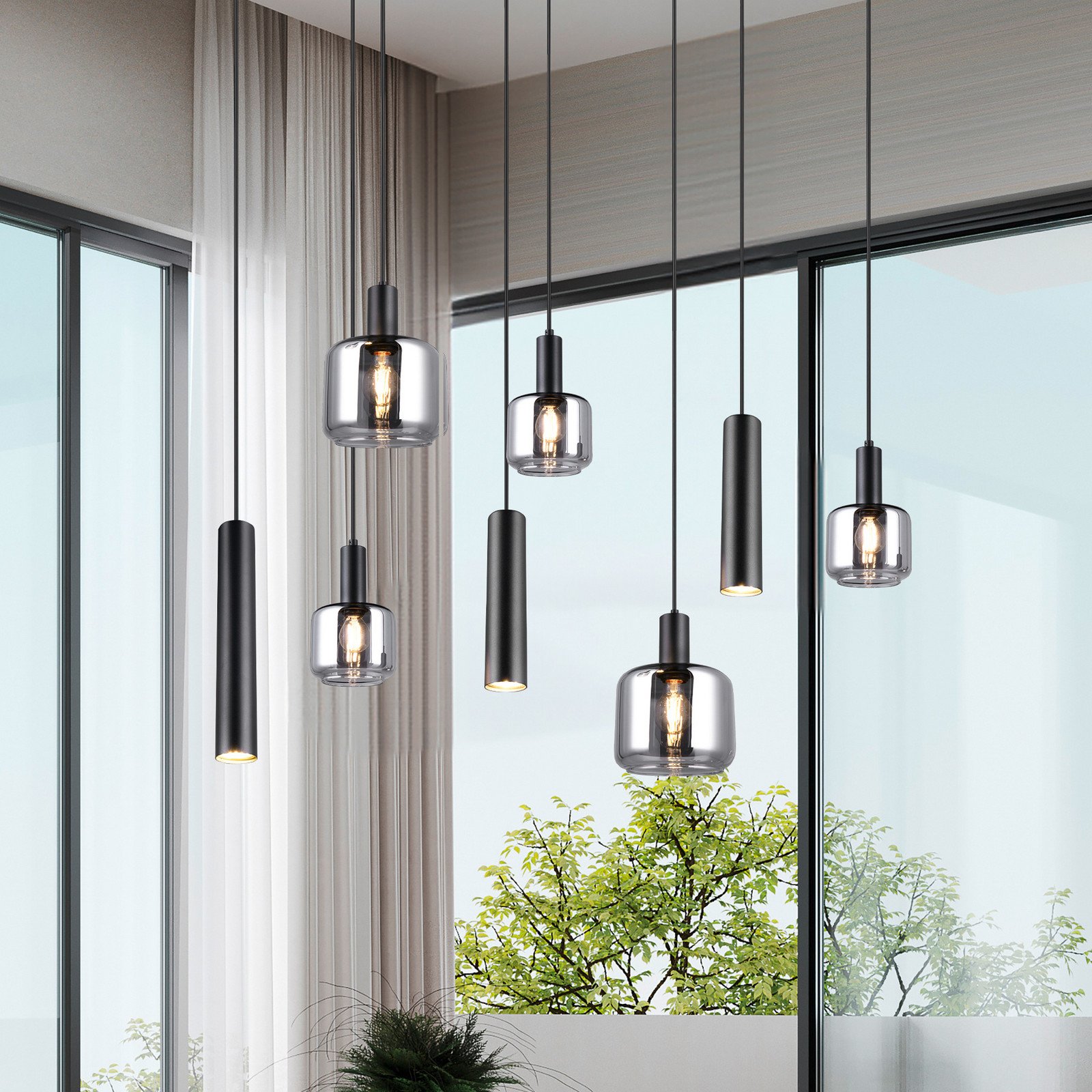 Trio Lighting Lampă suspendată Mataro crom/negru 118 cm 8 becuri sticlă/metal - Camera de zi / sufragerie - modern - crom-transparent negru