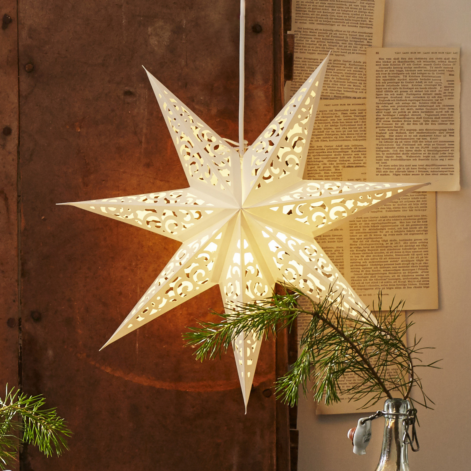 Stjerne av blonderpapir, uten belysning Ø 45 cm, hvit