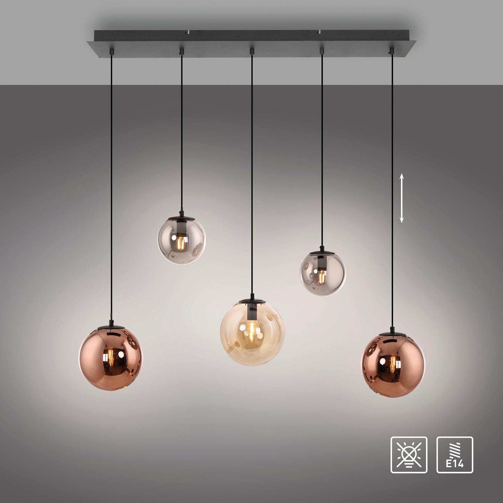 Shiny pendant light, 5-bulb, long, multicoloured, glass, E14 Shiny pendant light, 5-bulb, long, multicoloured, glass, E14