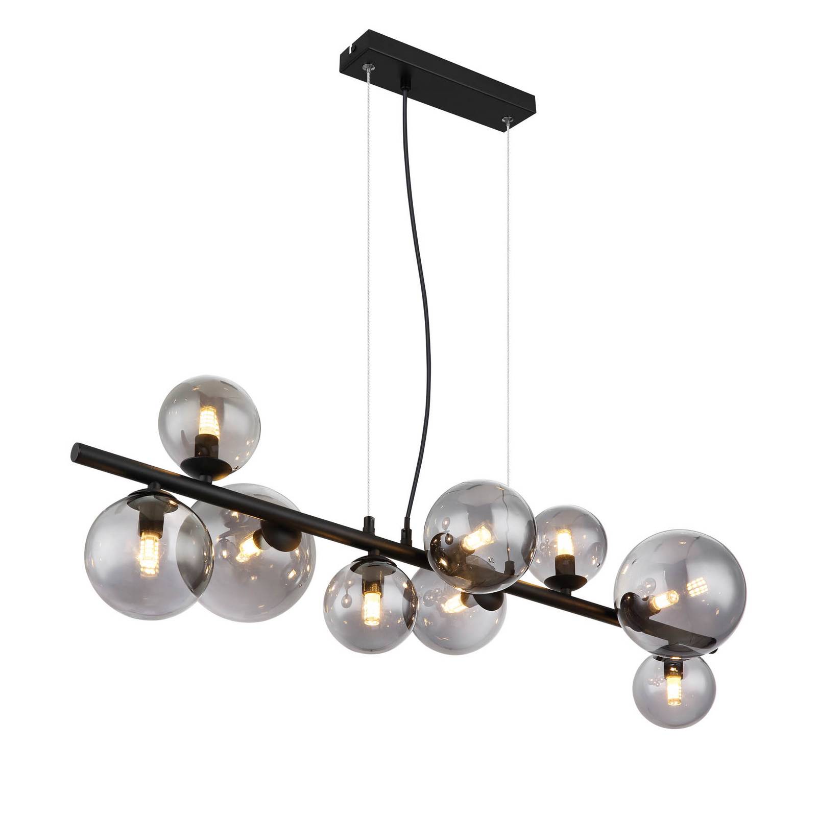 Hängeleuchte Riha, Länge 87 cm, schwarz/rauchfarben, 9-flg.