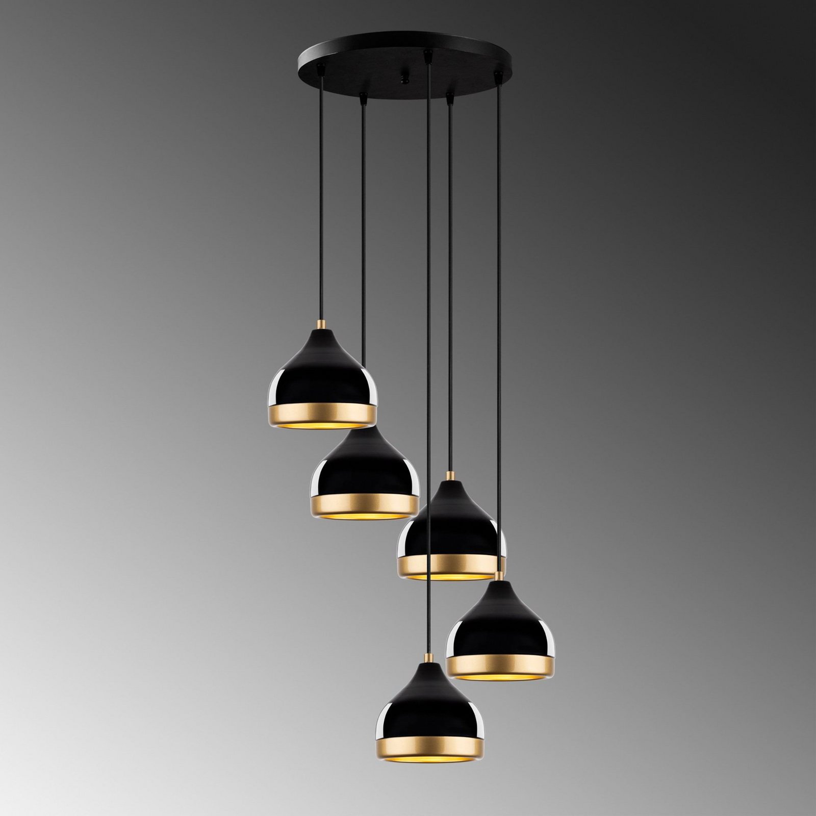 Hängeleuchte Yildo, 5-flammig, Rondell, schwarz/gold, Ø43 cm
